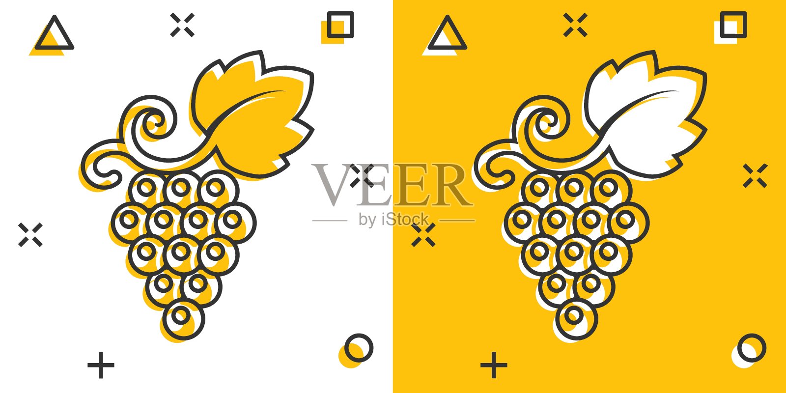 葡萄水果标志图标漫画风格。葡萄藤矢量卡通插图的白色孤立的背景。葡萄酒葡萄经营理念的飞溅效应。插画图片素材