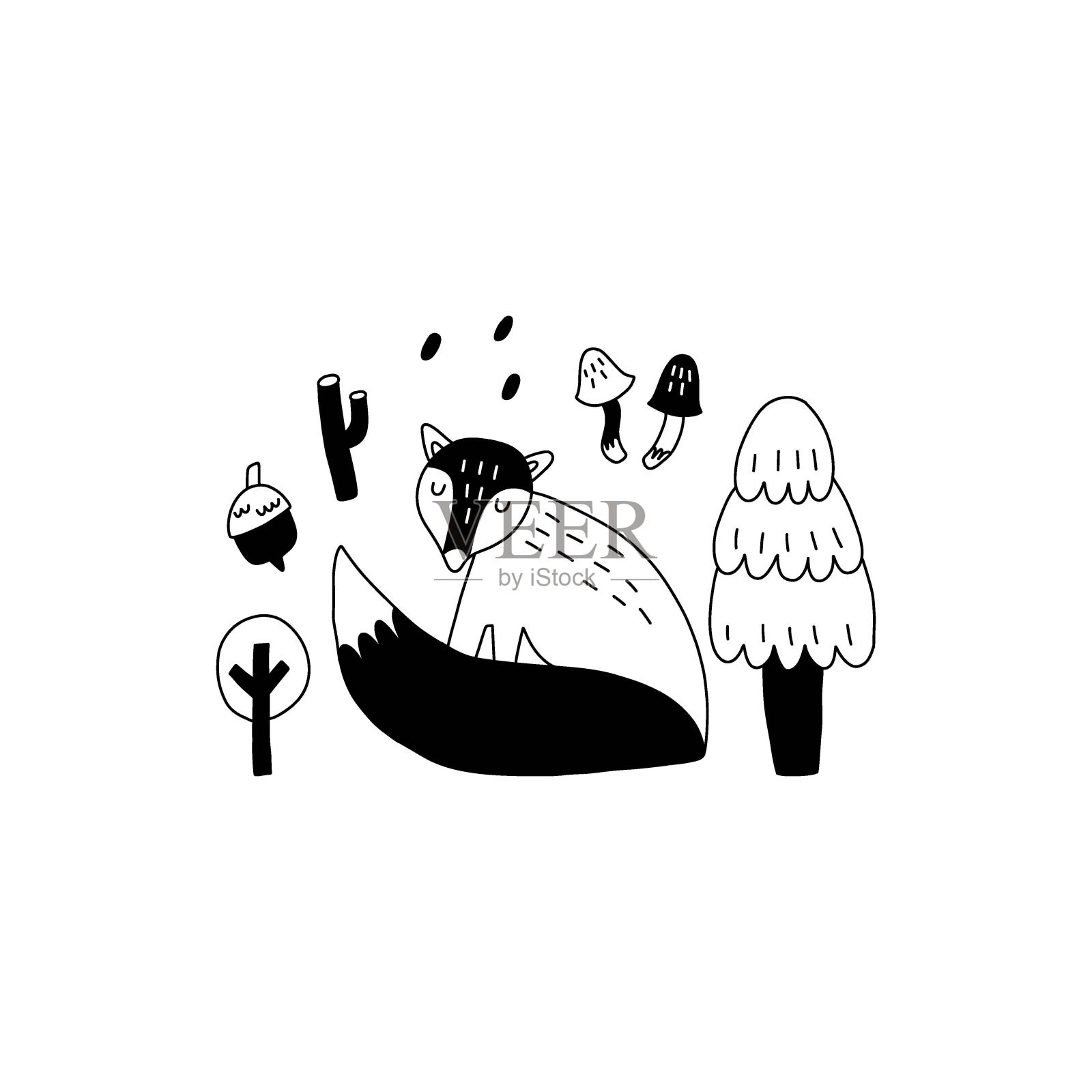 涂鸦狐狸。手绘斯堪的纳维亚风格黑白印花，可爱的斯堪的纳维亚森林动物，儿童t恤和托儿所设计。林地矢量孤立插图插画图片素材