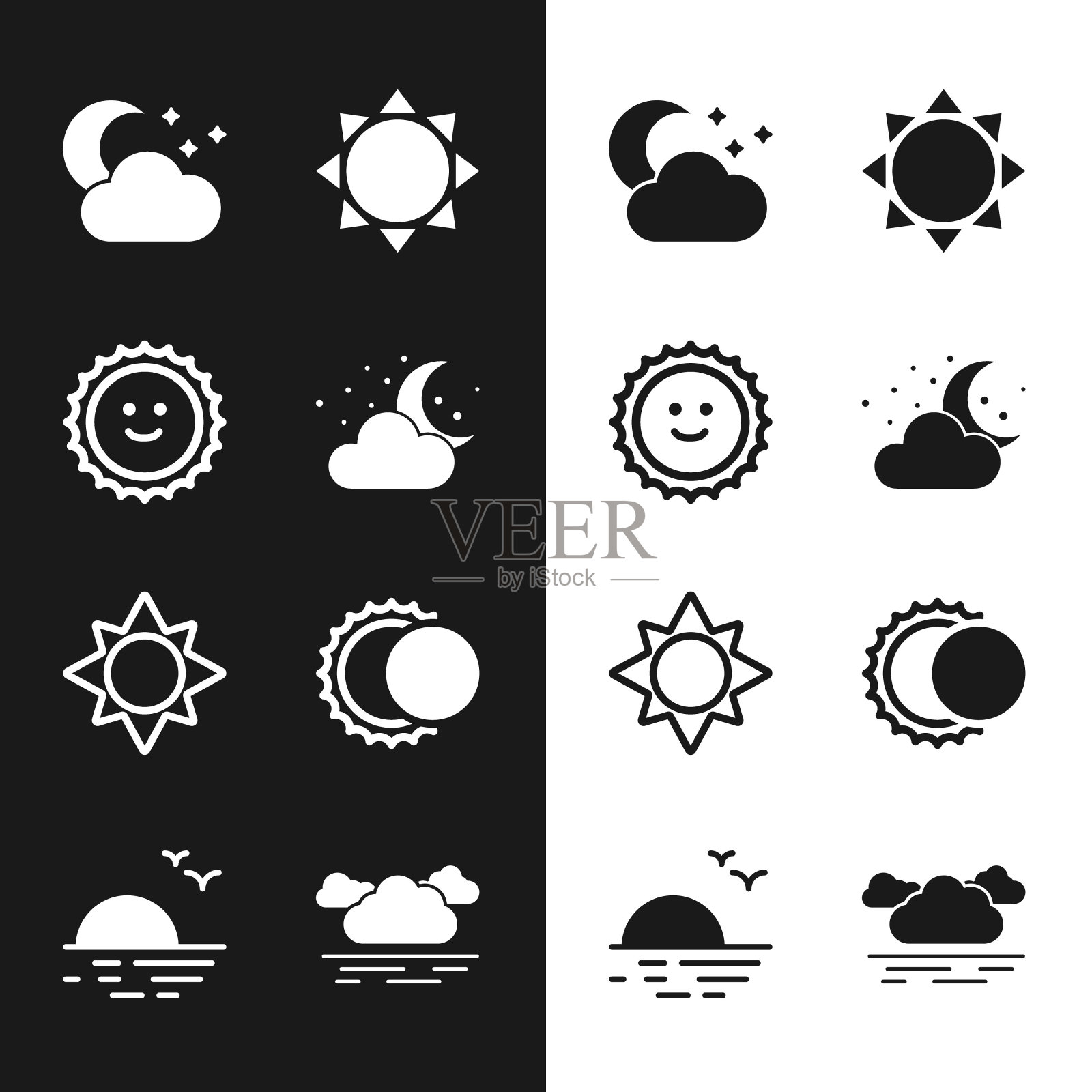 集云与月亮和星星，太阳，日食，日落图标。向量插画图片素材