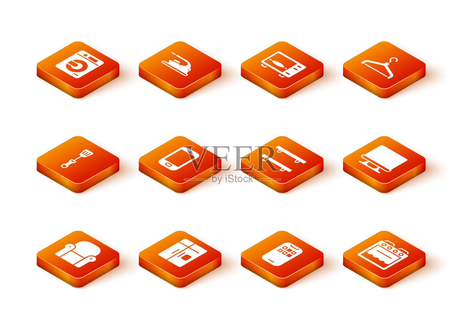 设置扶手椅，冰箱，刮刀，手机，应用程序，空木架，烤箱和智能电视图标。向量图标素材