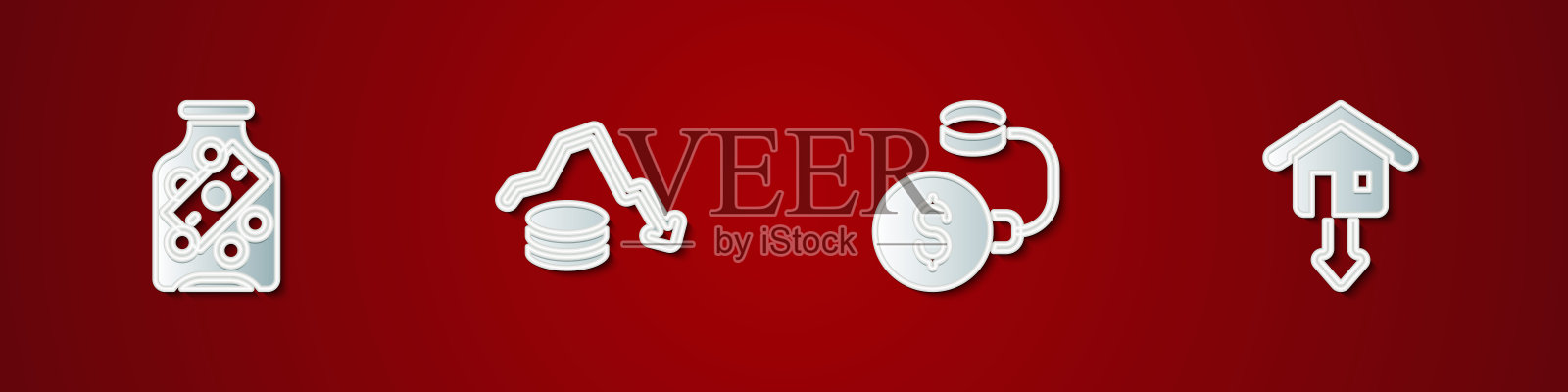 设置玻璃钱罐与硬币，美元汇率下降，债务球链和下降的房地产价格图标。向量插画图片素材