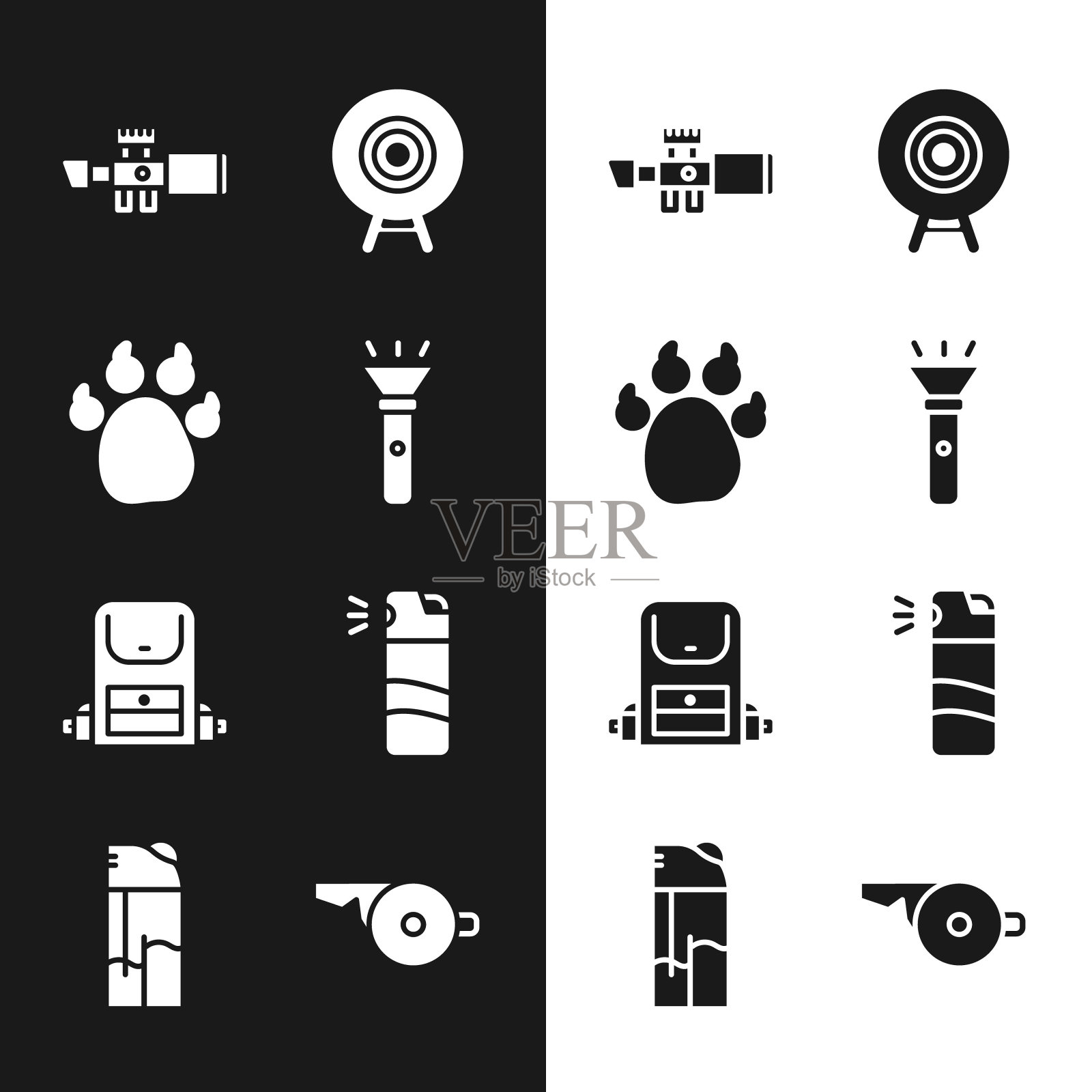 设置手电筒，爪印，狙击手光学瞄准器，目标运动，徒步旅行背包，胡椒喷雾，哨子和打火机图标。向量图标素材