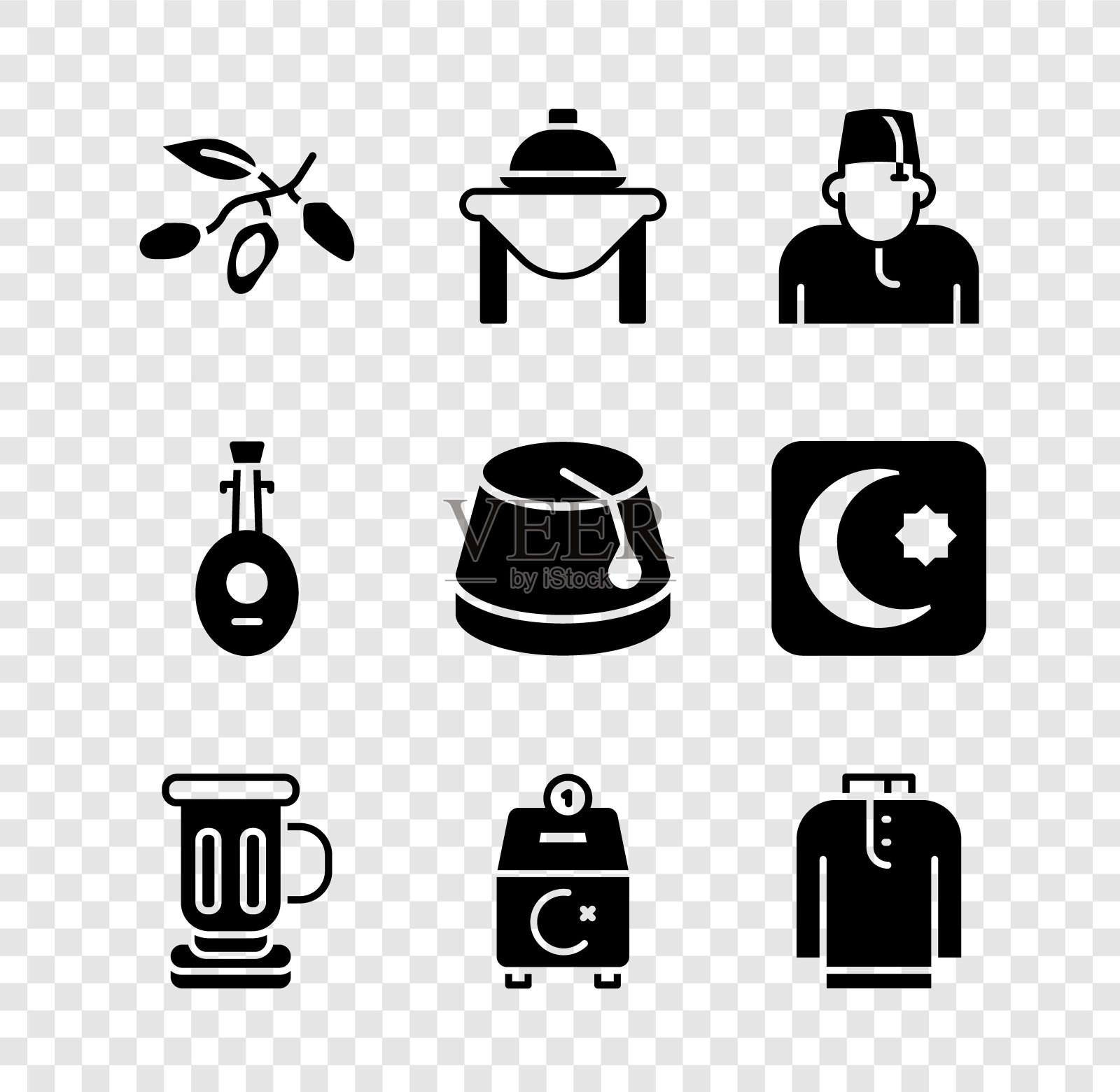 Set Date fruit, Table food, Muslim man, Medieval高脚杯，Donate or pay your zakat, Shirt kurta, Lute and Turkish hat icon. Set Date fruit, Table food, Muslim man, Medieval高脚杯，Donate or pay your zakat, Shirt kurta, Lute and Turkish hat icon。向量图标素材