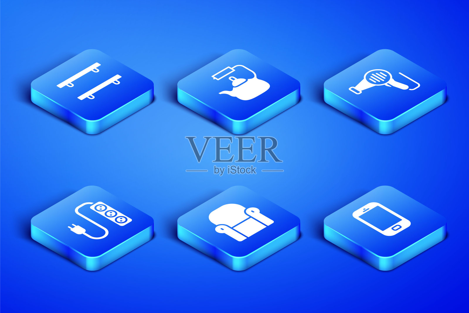 设置手机，空木架，扶手椅，电分机，带把手的水壶和电吹风图标。向量图标素材