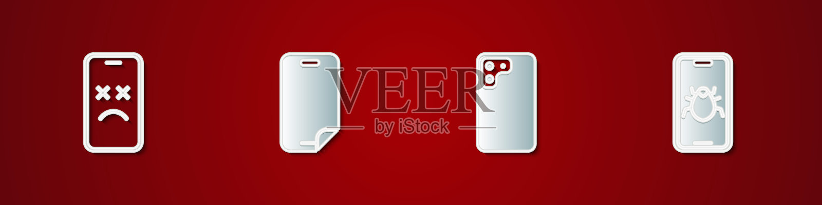 设置死手机，玻璃屏幕保护，智能手机和系统错误图标。向量图标素材