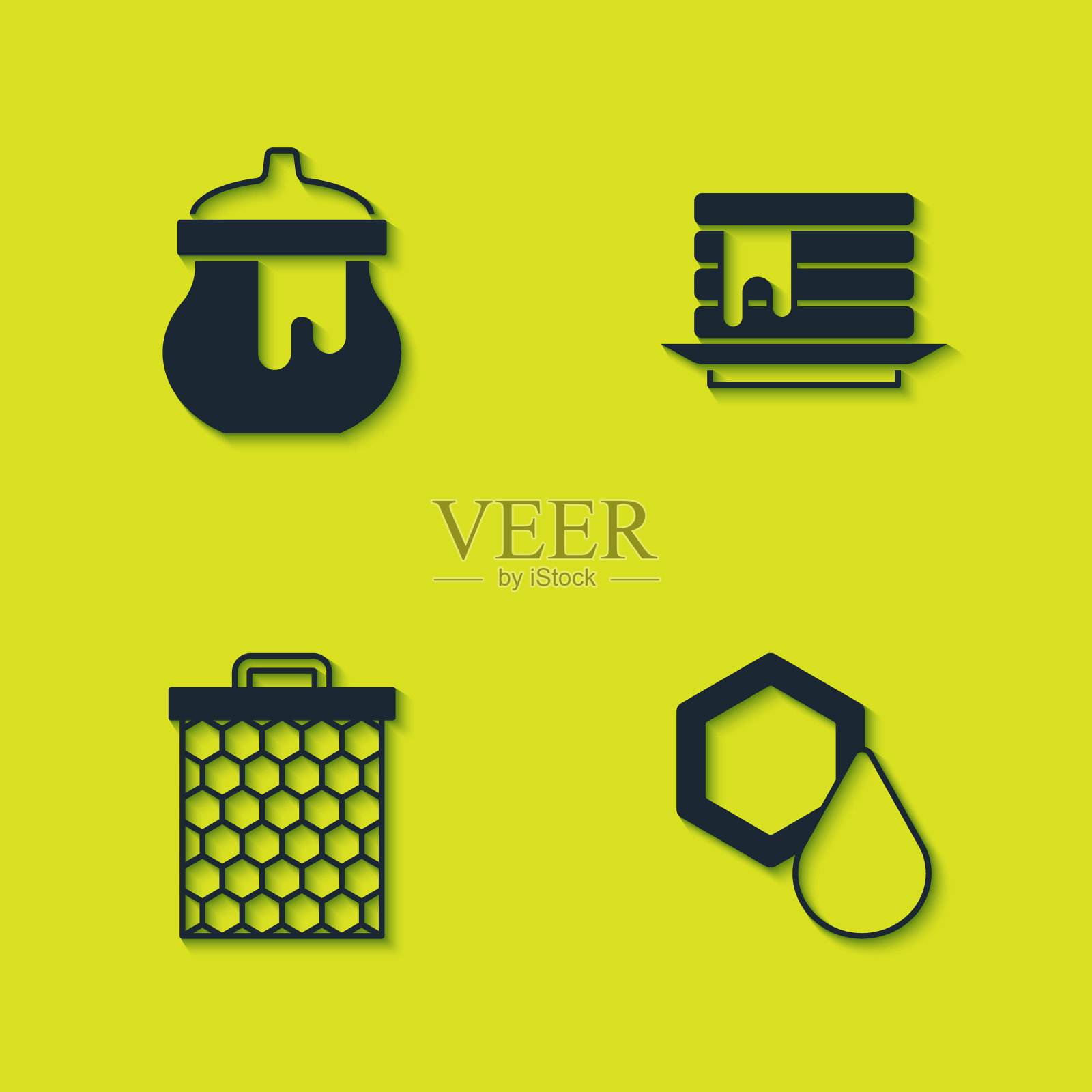 Set Jar of honey, Honeycomb, and Stack pancake icon。向量图标素材