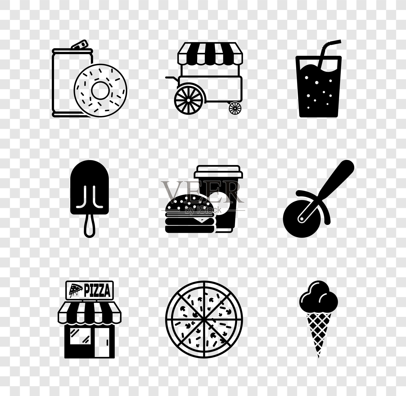 设置铝罐苏打水和甜甜圈，快餐街头餐车，玻璃水，比萨建筑立面，比萨，冰淇淋华夫饼，和咖啡汉堡图标。向量图标素材