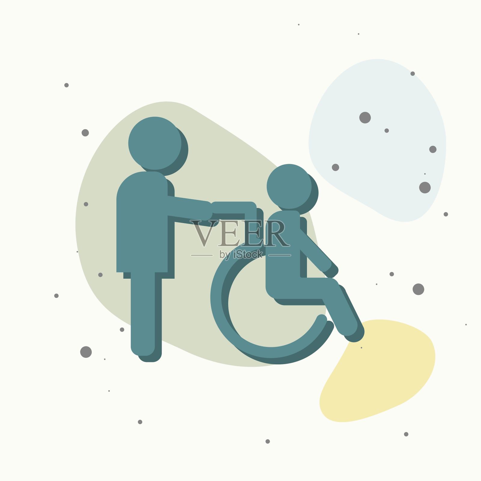 残疾人彩色矢量图像的研究。禁用与护士。轮椅图标背景。设计元素图片