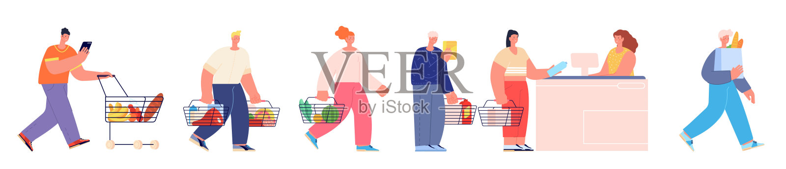 超市收银台排队购物的人群矢量概念插画插画图片素材