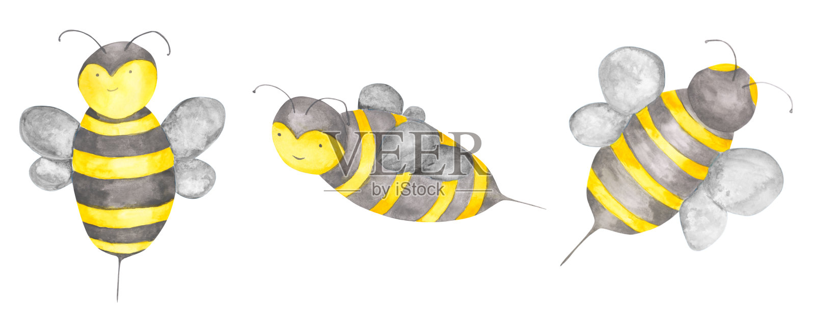 集3水彩蜜蜂孤立在一个白色的背景。昆虫手绘插图。大黄蜂剪纸艺术。丰富多彩的蜜蜂字符。可爱的动物。收集的蜜蜂。设计元素图片