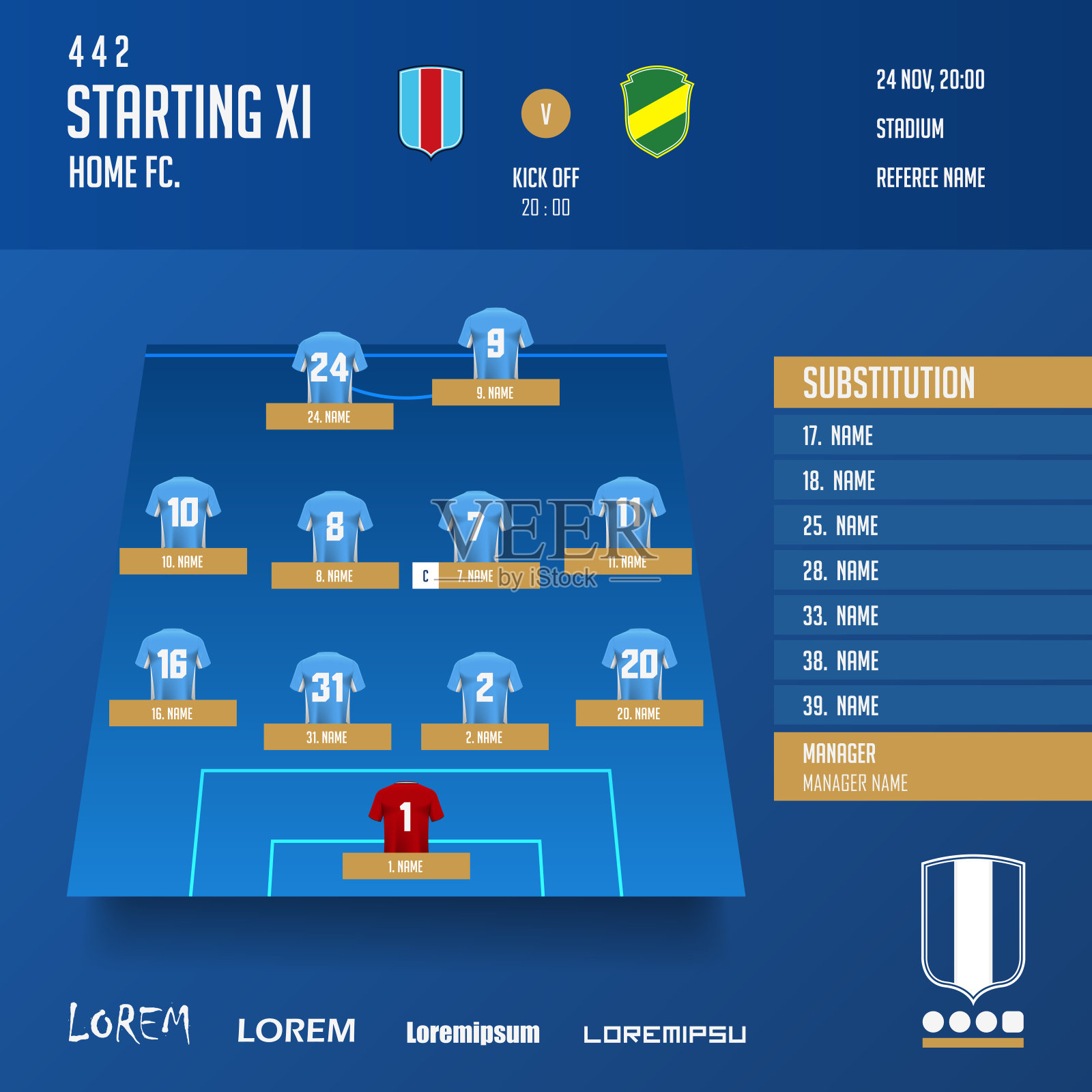 足球或足球比赛的队形信息图形模板。足球运动员在足球场上的位置。足球装备或足球球衣图标在平面设计。插画图片素材