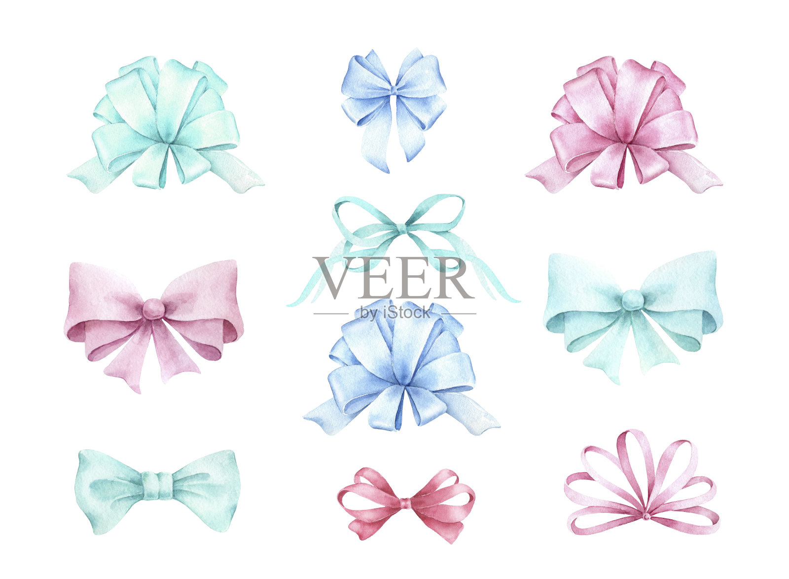 多颜色的蝴蝶结。水彩插图。设计元素图片