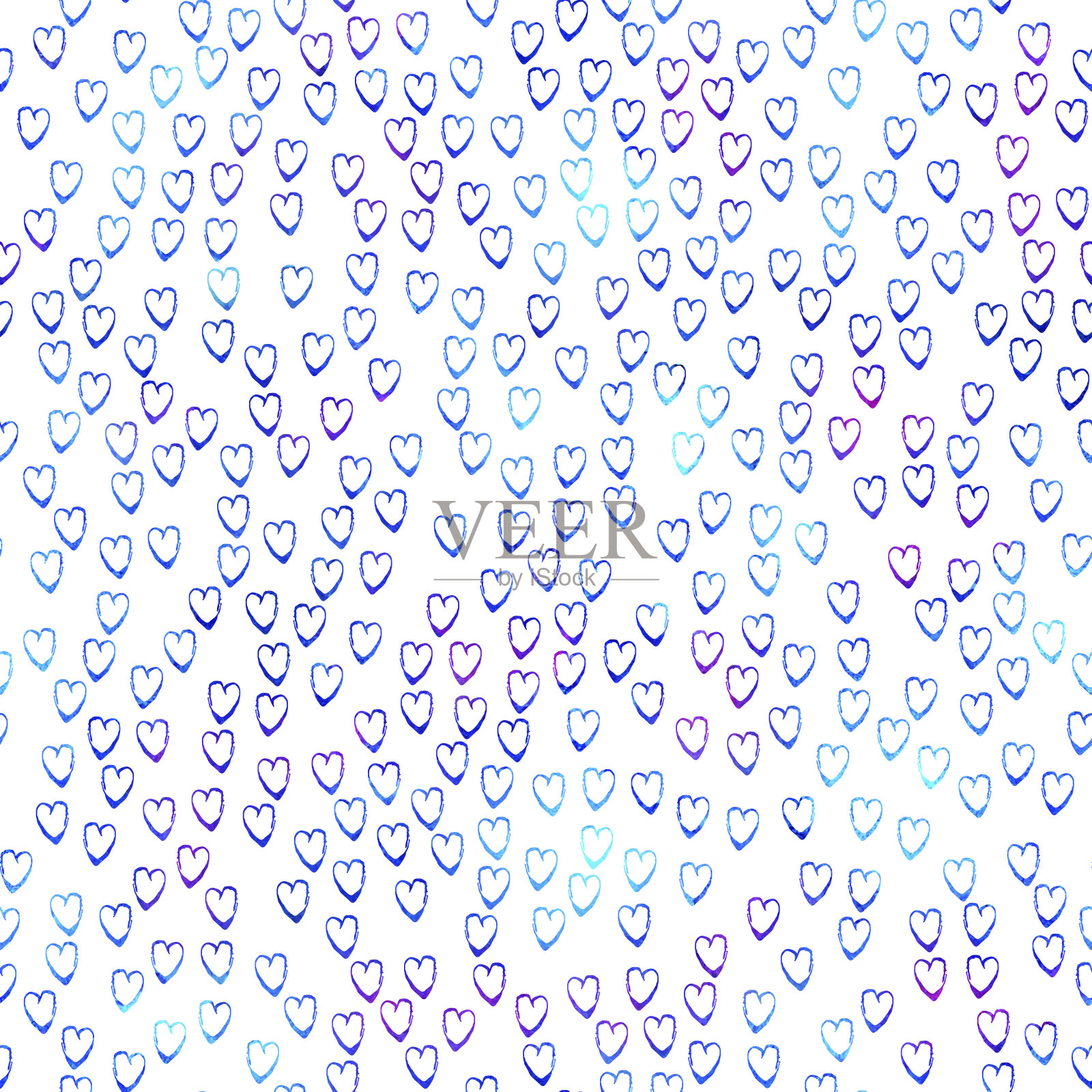 水彩刷心无缝图案爱情农庄手绘设计在蓝色。现代Grung拼贴背景为孩子织物和纺织品插画图片素材