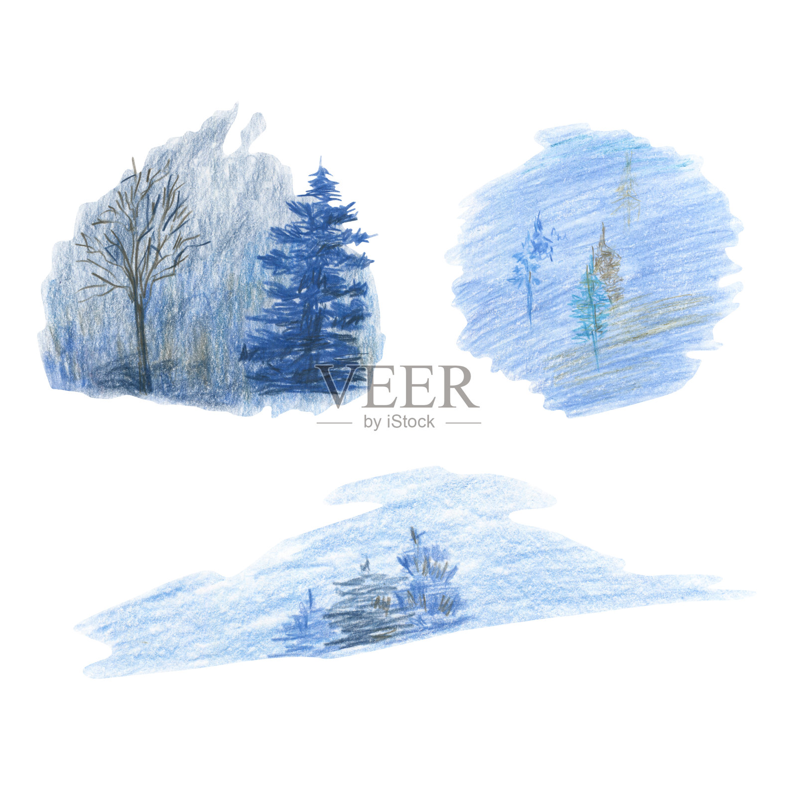 收集手绘蓝色污渍与纹理和森林树木的彩色铅笔。对抽象的背景。插画图片素材