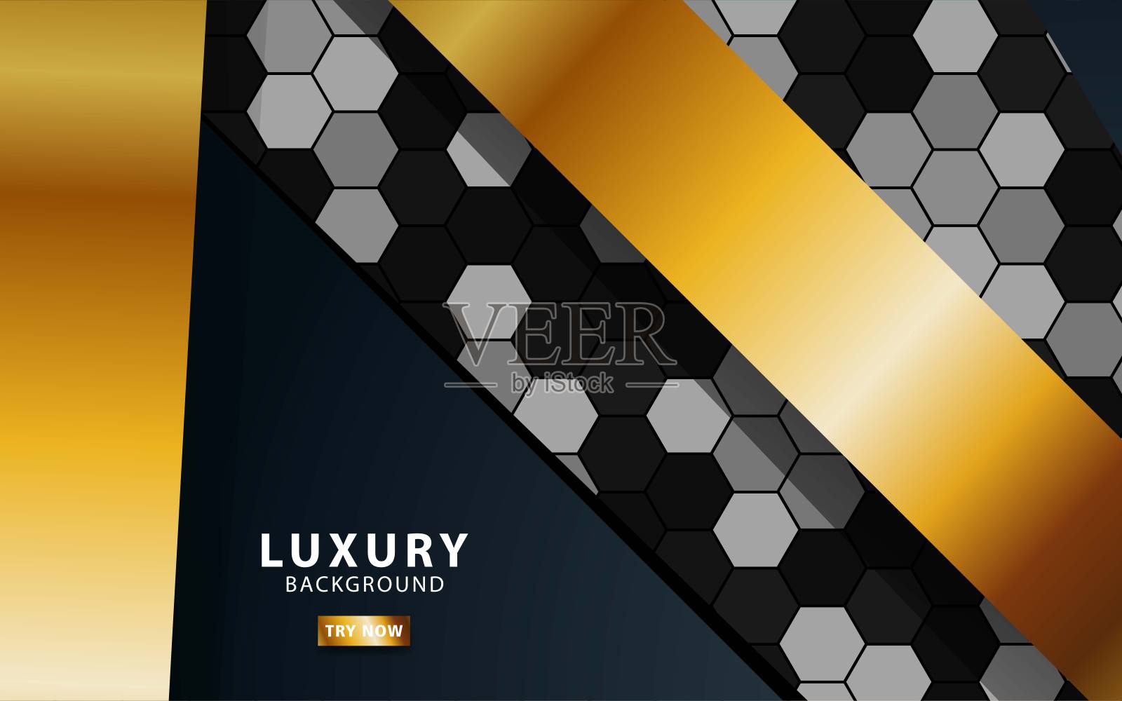 豪华premium黑色和金色重叠层背景横幅设计。逼真的金色灯光效果纹理的六边形背景。插画图片素材