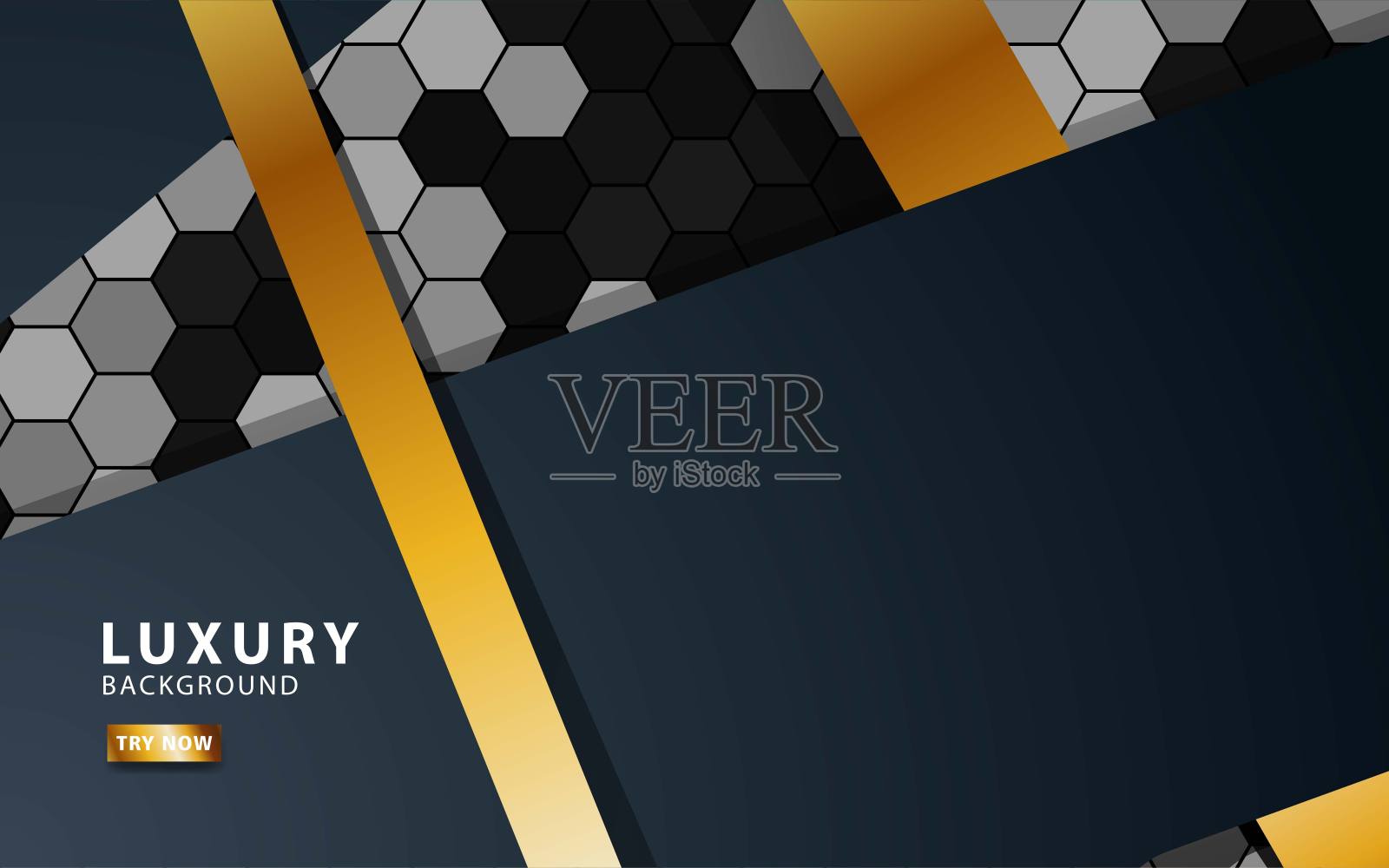 豪华premium黑色和金色重叠层背景横幅设计。逼真的金色灯光效果纹理的六边形背景。插画图片素材
