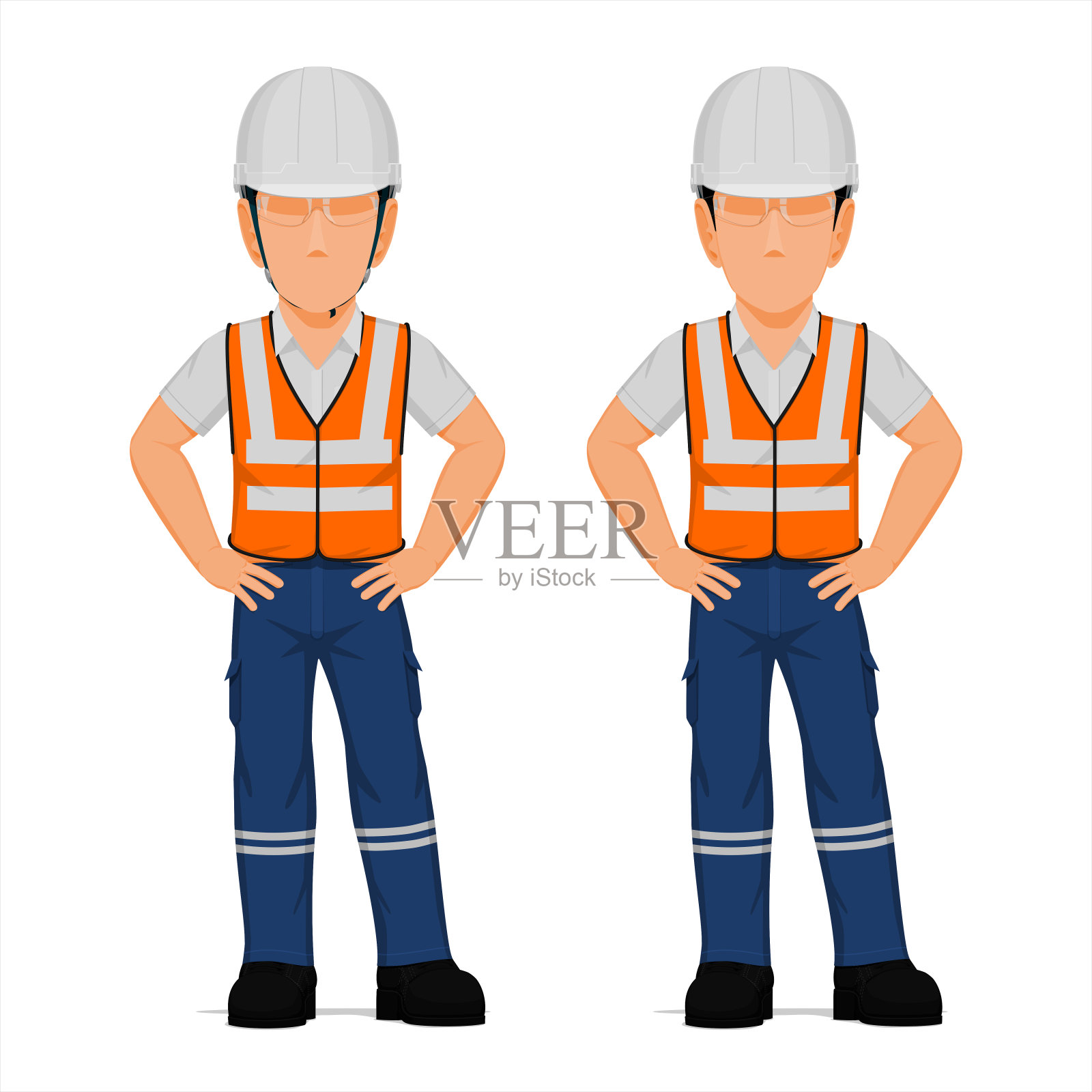 一组产业工人与手臂叉腰在白色背景插画图片素材