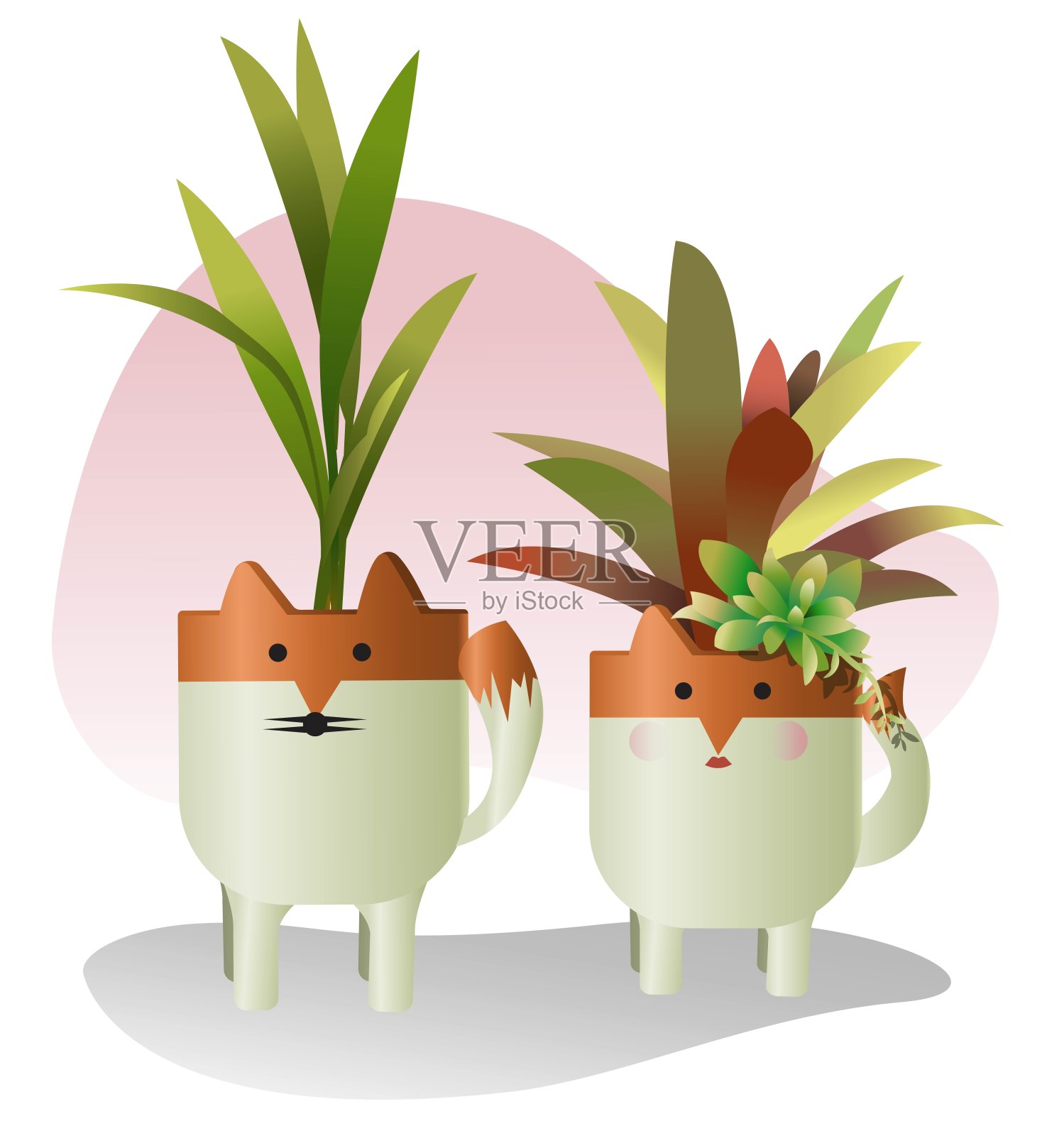 向量收集室内植物与可爱动物花盆，狐狸夫妇花盆。插画图片素材
