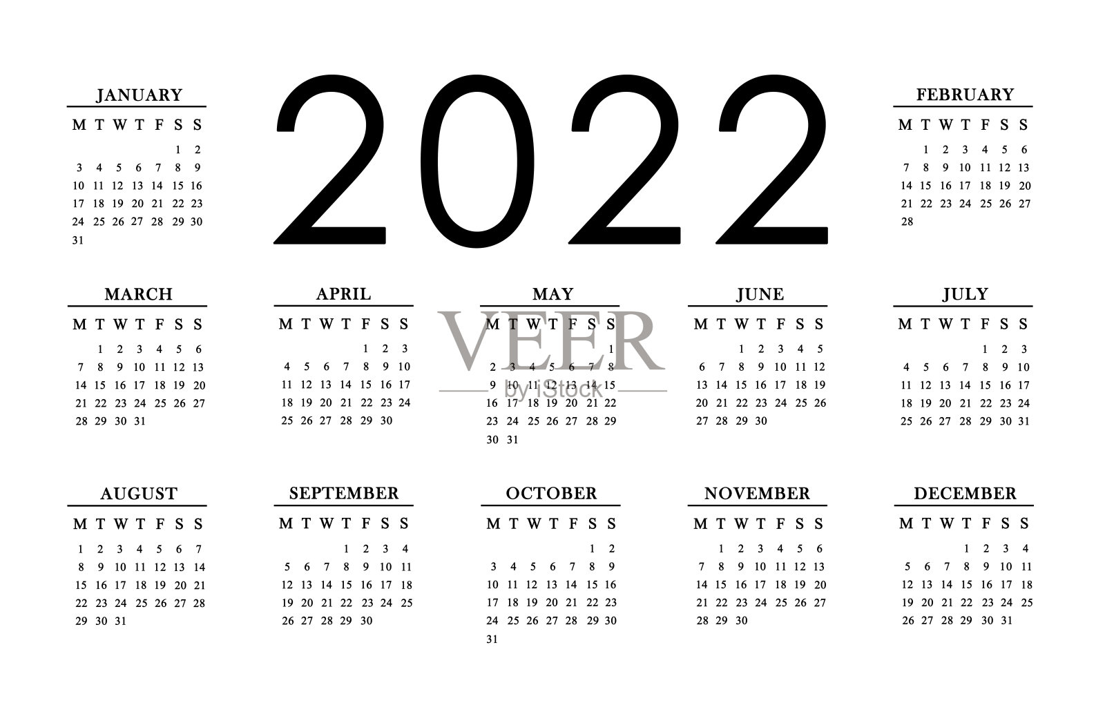 白底2022年日历。2022年日历上有12个月。插画图片素材