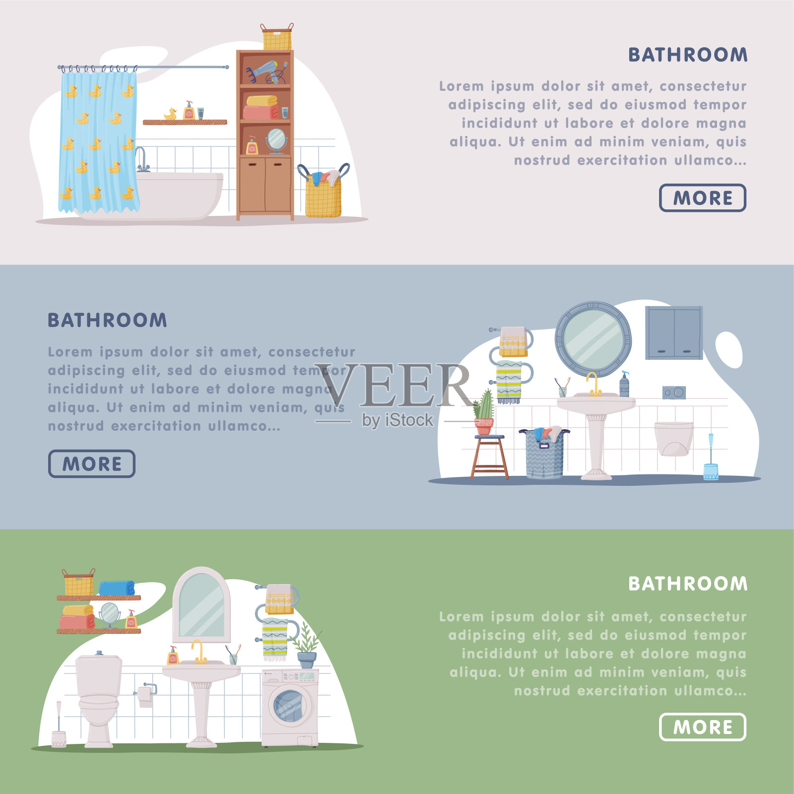 Landing Page with Bathroom or Washroom Interior Containing Bathtub, Sink and Toilet Bowl Vector Template .登陆页面包含浴室或洗手间内部包含浴缸，水槽和厕所碗矢量模板插画图片素材