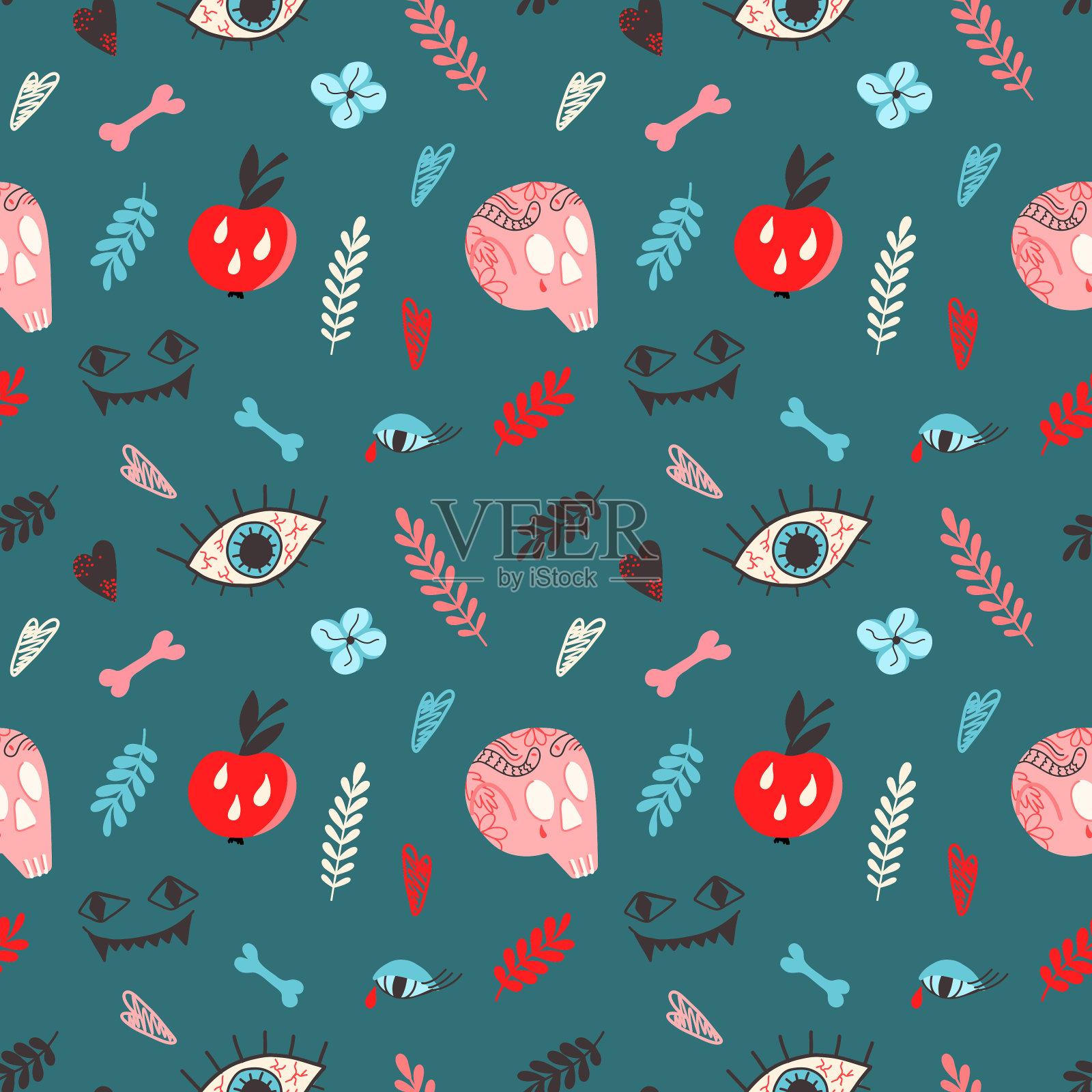 矢量模式与头骨，纹身，骨头，苹果，眼睛，在一个平坦的风格在黑暗的背景。插画图片素材