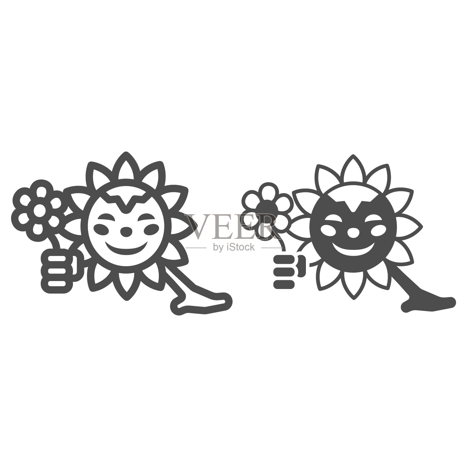 微笑的太阳给花线和固体图标，天气和气候概念，阳光与雏菊矢量标志在白色背景上，轮廓风格图标的移动概念和网页设计。矢量图形。插画图片素材