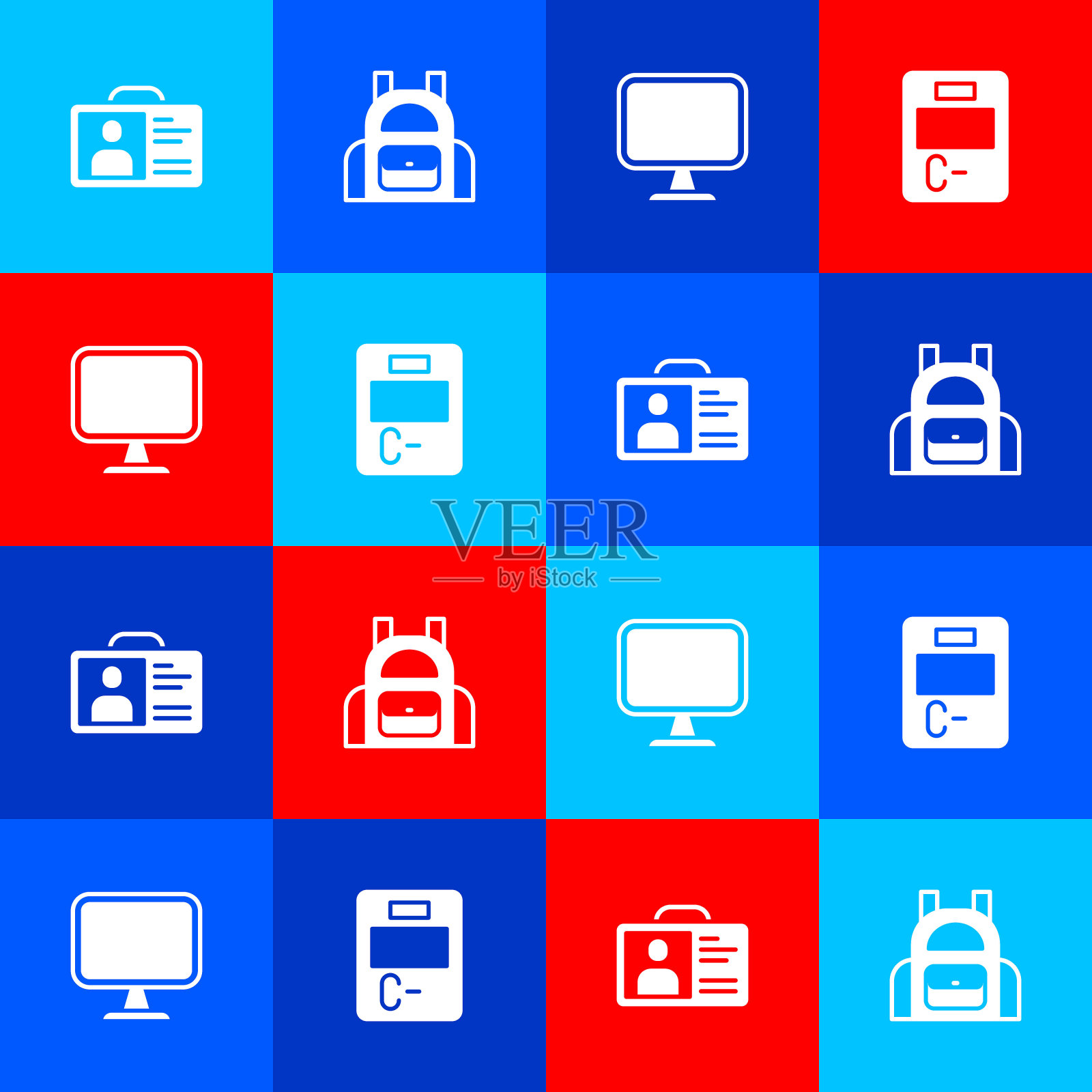 设置标识牌、书包、电脑显示器和带有错误答案图标的试卷。向量插画图片素材