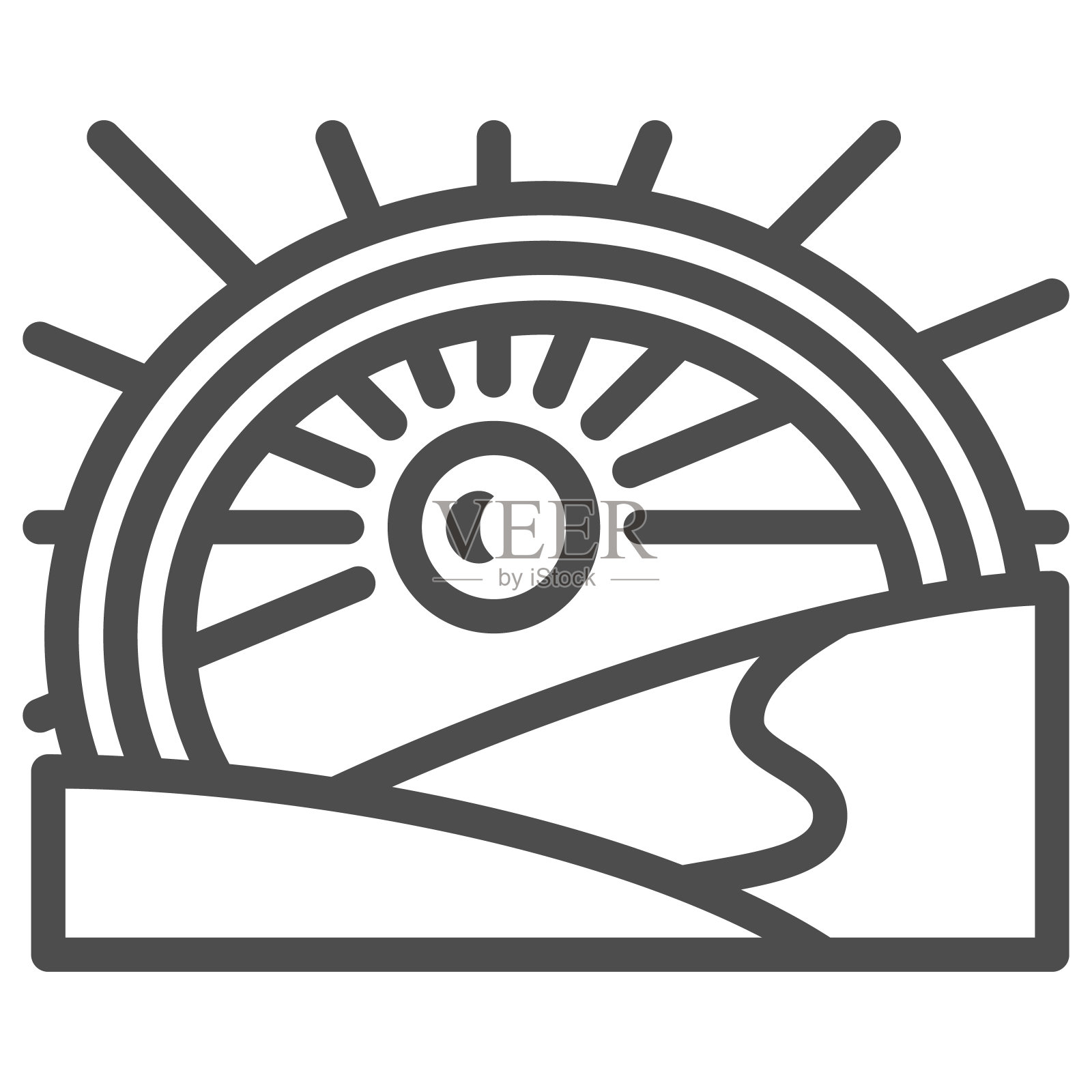 阳光下的彩虹在田野线图标，自然概念，阳光和景观矢量标志上的白色背景，轮廓风格图标的移动概念和网页设计。矢量图形。插画图片素材