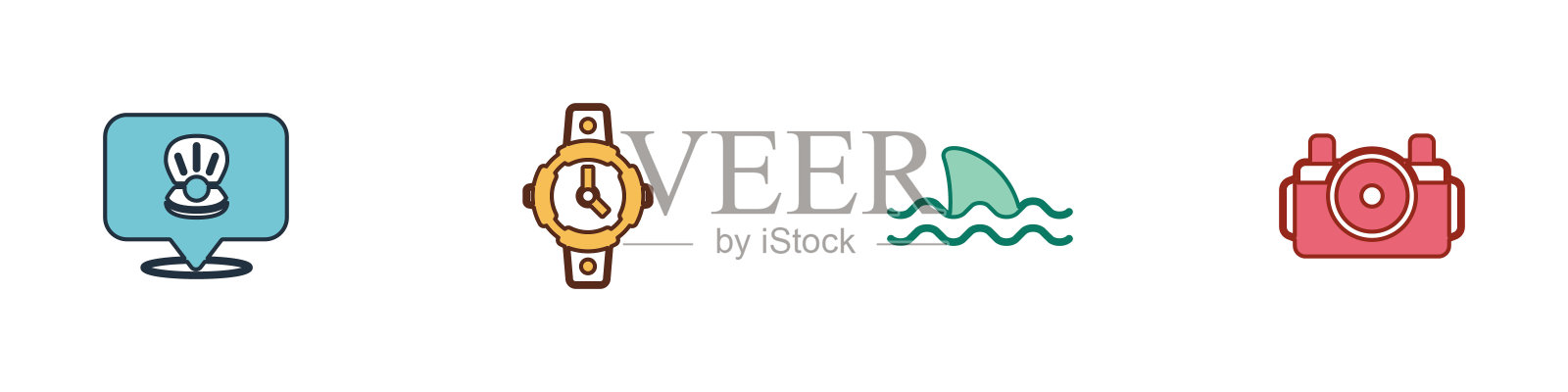 设置扇贝海贝壳，潜水手表，鲨鱼和相机的潜水员图标。向量图标素材