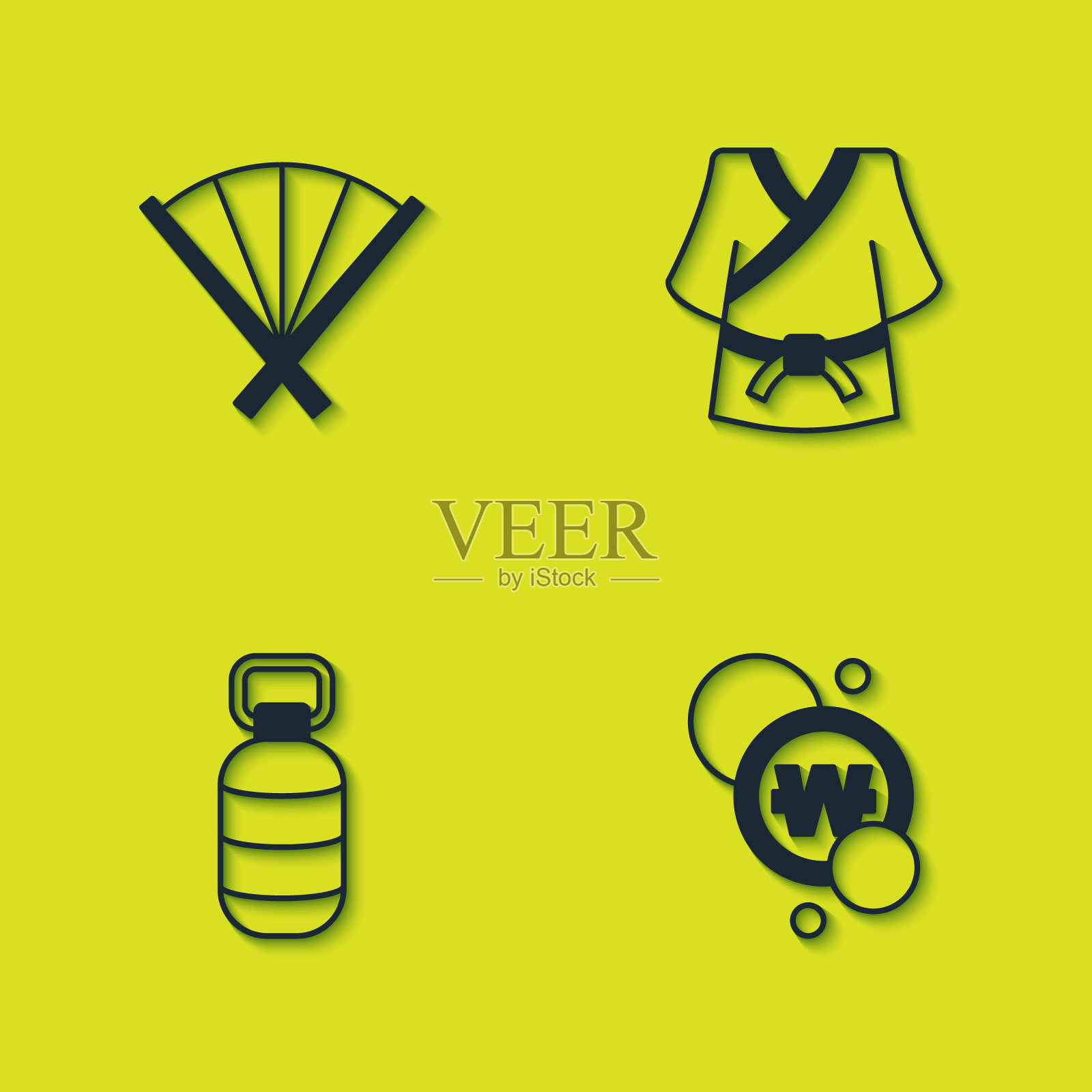 设置传统扇子、韩币、灯笼、和服图案。向量图标素材