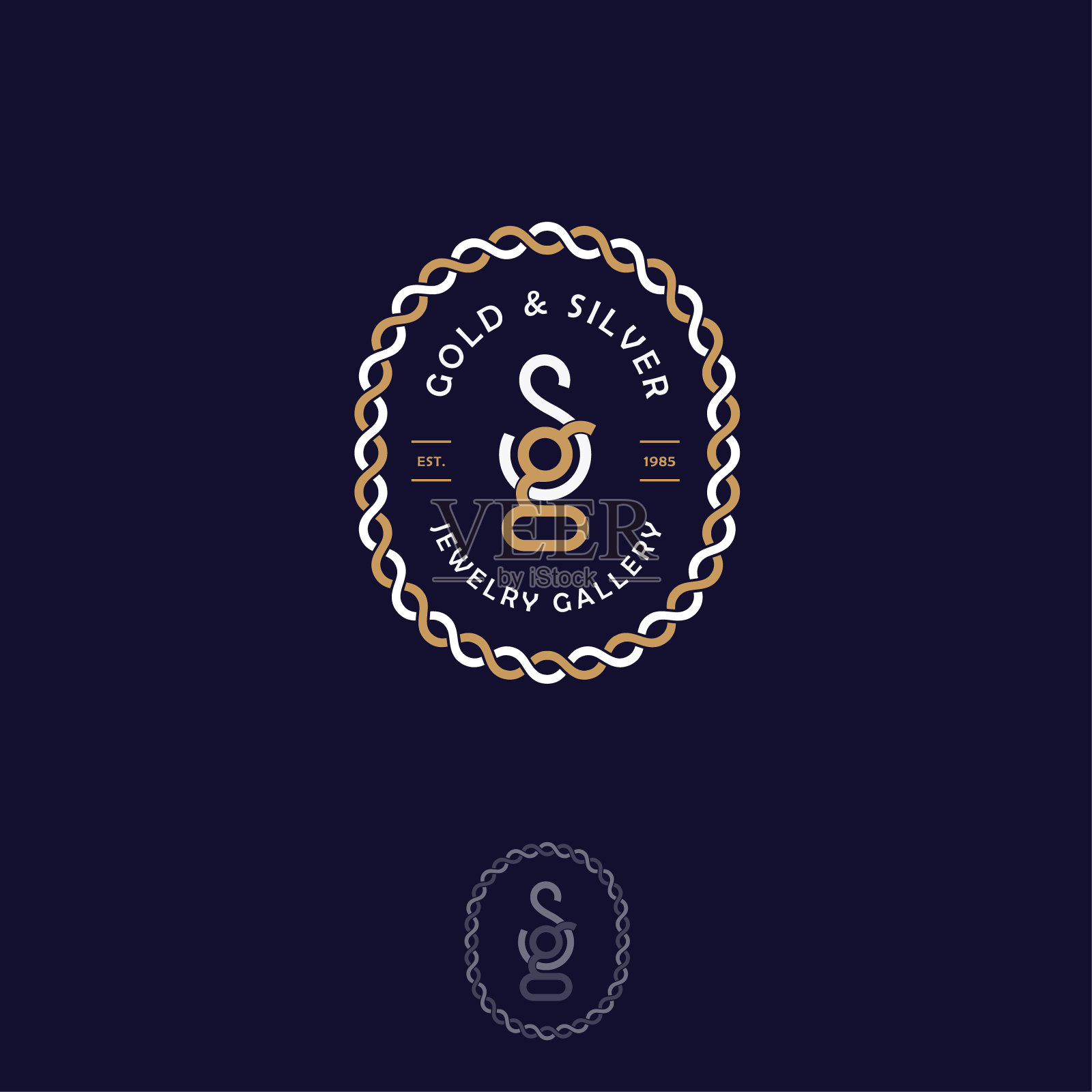 字母S和字母G的字母组合由金线和银线组成。交错的线条像链条，孤立在黑暗的背景上。单色的选择。设计元素图片