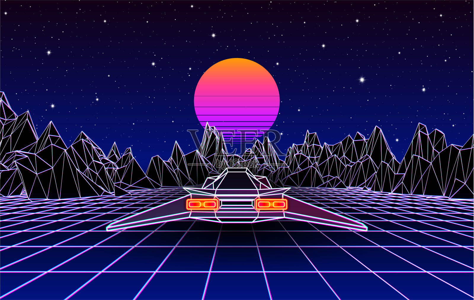 街机宇宙飞船飞向太阳的景观与3D山脉，80年代风格合成波或逆行波插图。插画图片素材