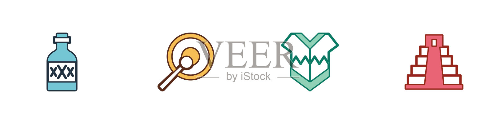 设置龙舌兰瓶，贡，斗篷和奇琴伊察玛雅图标。向量图标素材