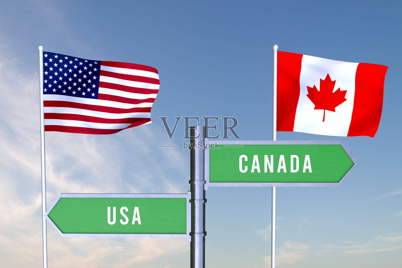 标志表明两国之间的边界方向美国，加拿大，3D渲染照片摄影图片
