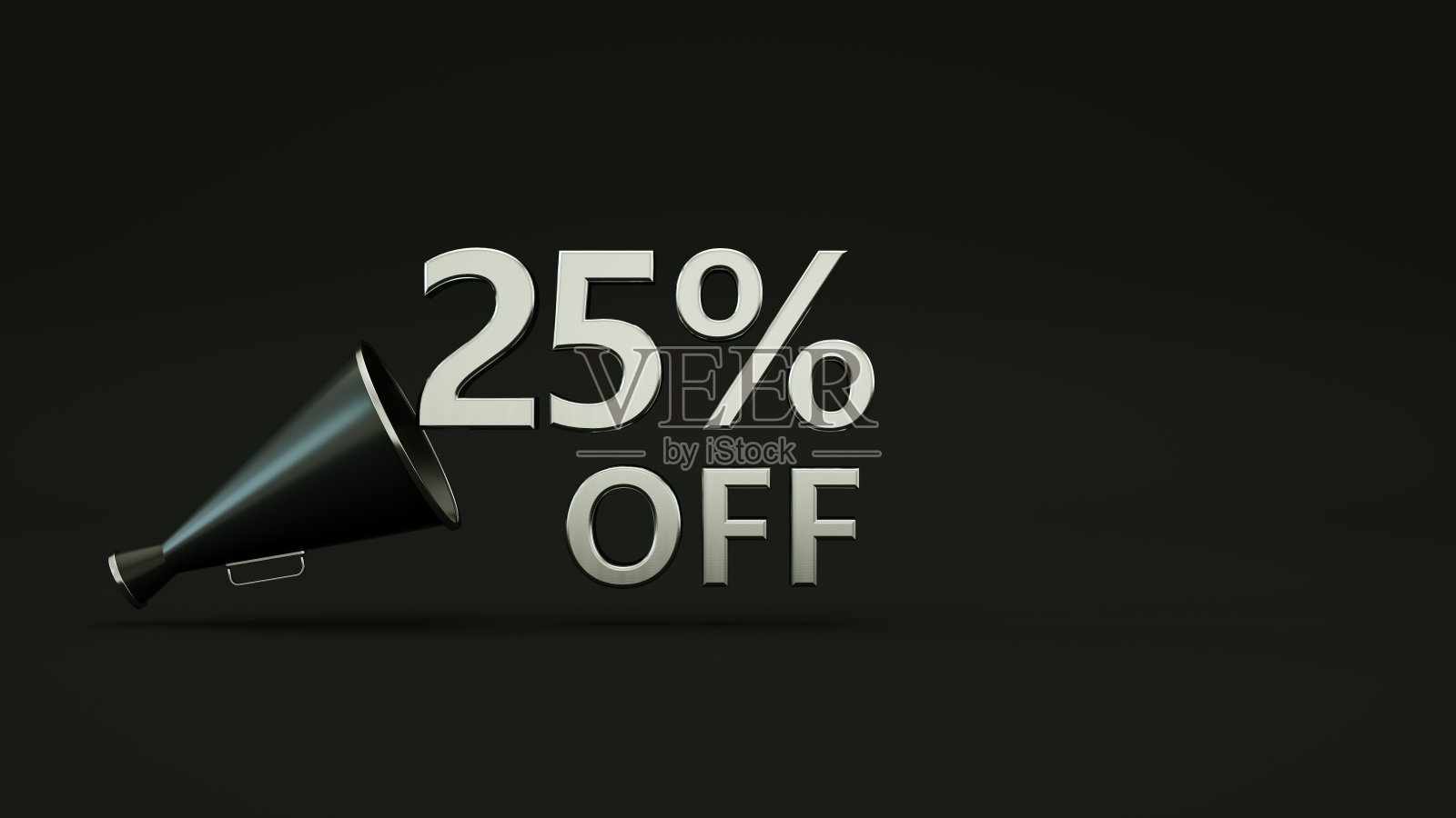 销售概念，25%的标志与扩音器，黑色背景照片摄影图片