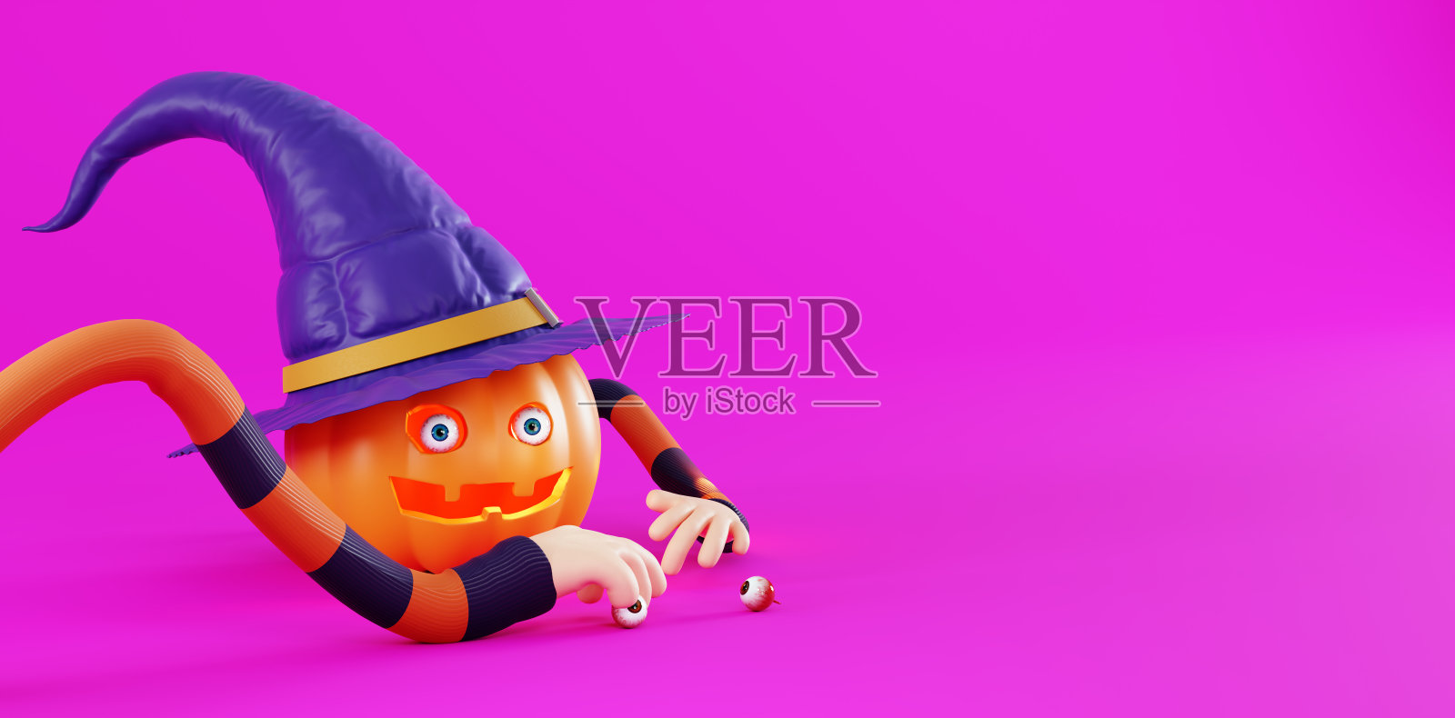 广告横幅万圣节，3d渲染。有趣的南瓜万圣节在卡通风格。戴着帽子，有手和眼睛的南瓜。3d插图的杰克O灯笼粉红色的背景插画图片素材