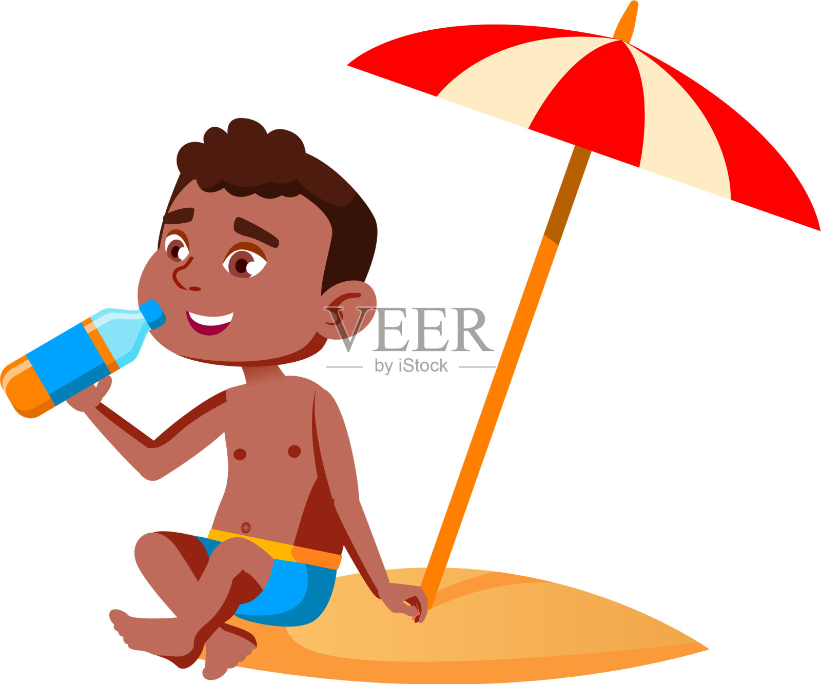 小男孩打着伞坐在沙滩上设计元素图片