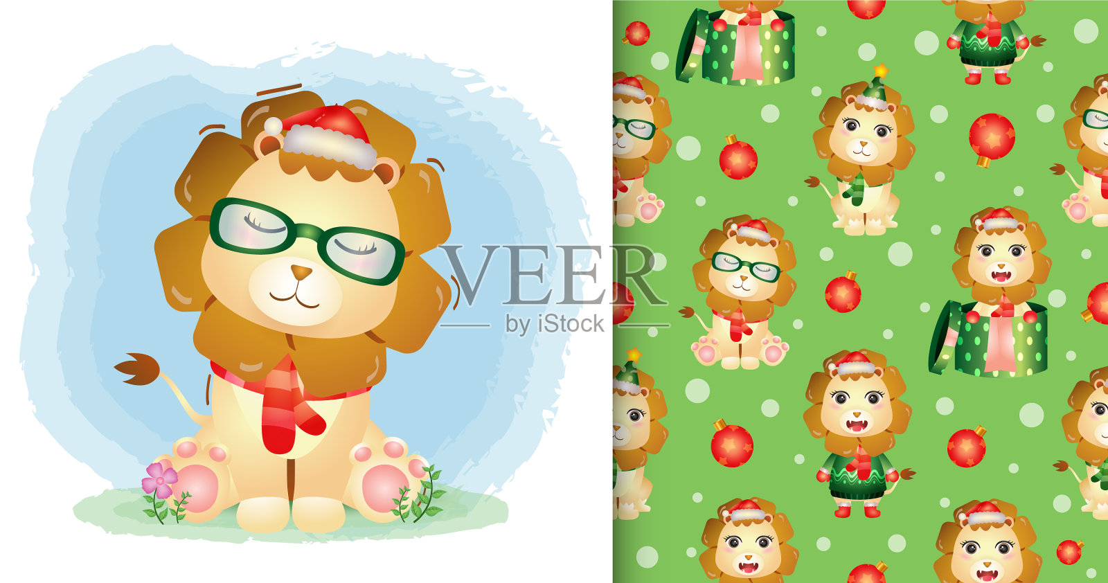 一只可爱的狮子圣诞人物戴着圣诞老人的帽子插画图片素材