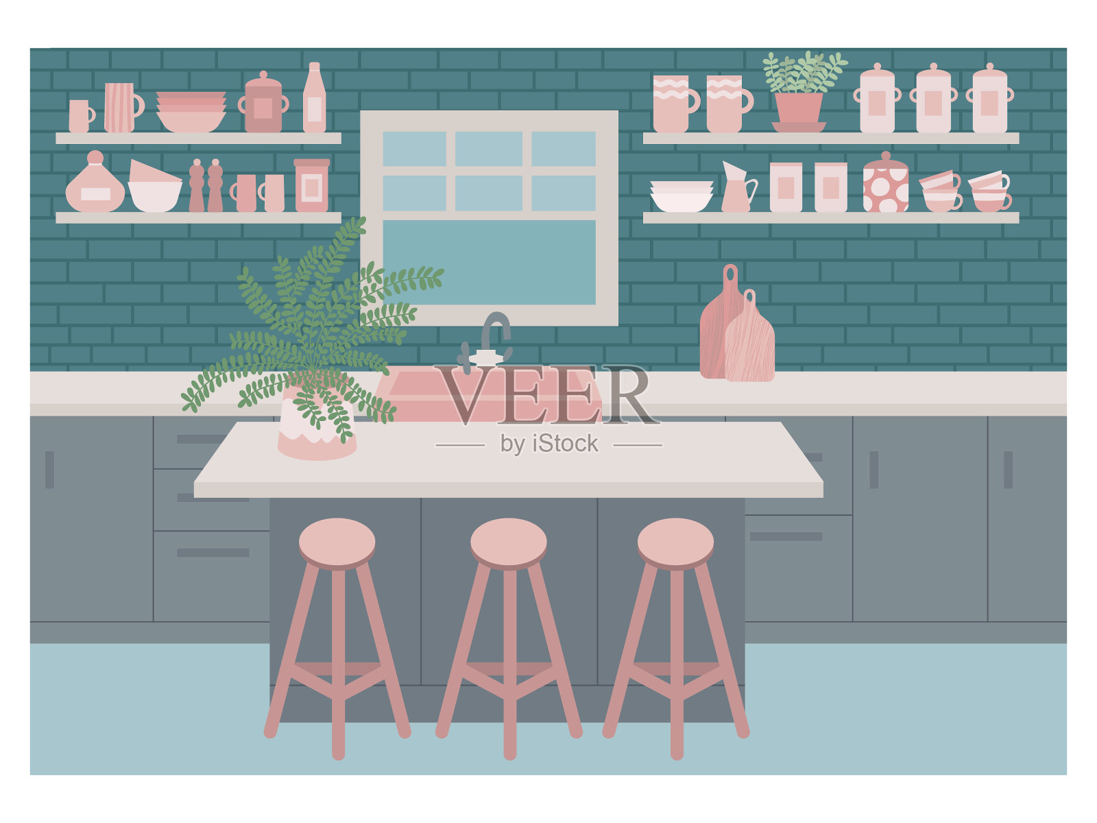 厨房内部有砖墙、窗户、餐桌、酒吧椅。插画图片素材