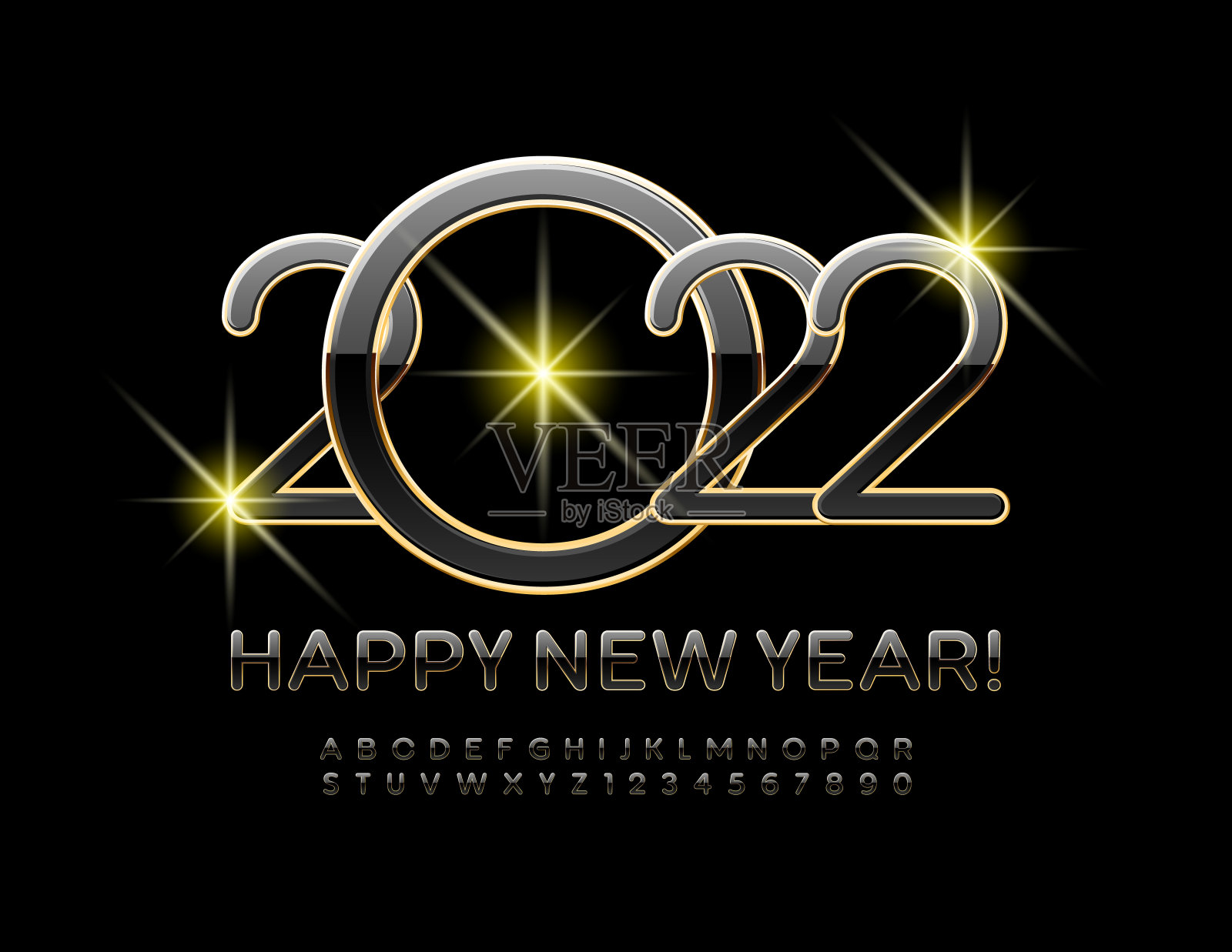 矢量时尚贺卡2022新年快乐!黑色和金色字母字母和数字设置插画图片素材
