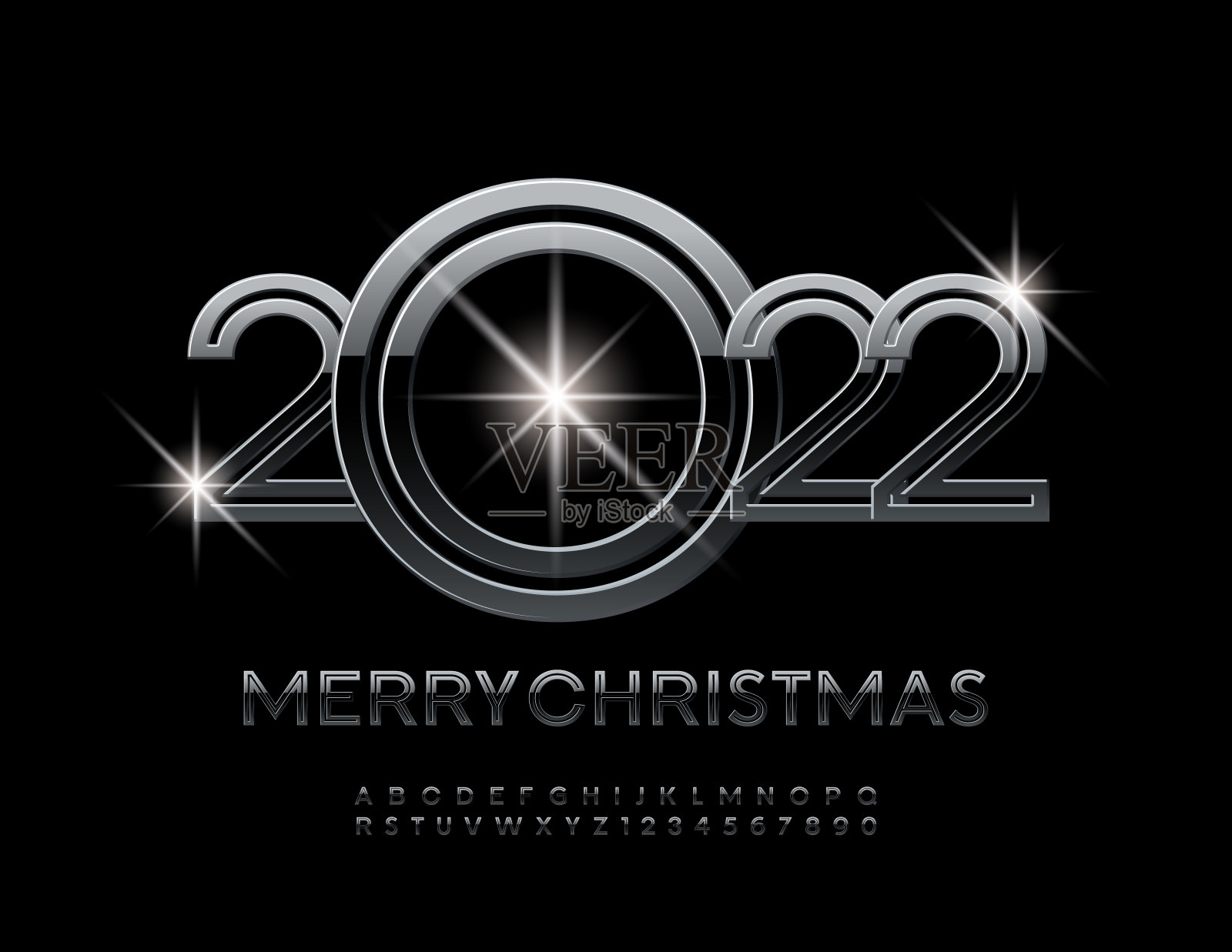 向量豪华贺卡圣诞快乐2022!光泽字母和数字集合设计模板素材