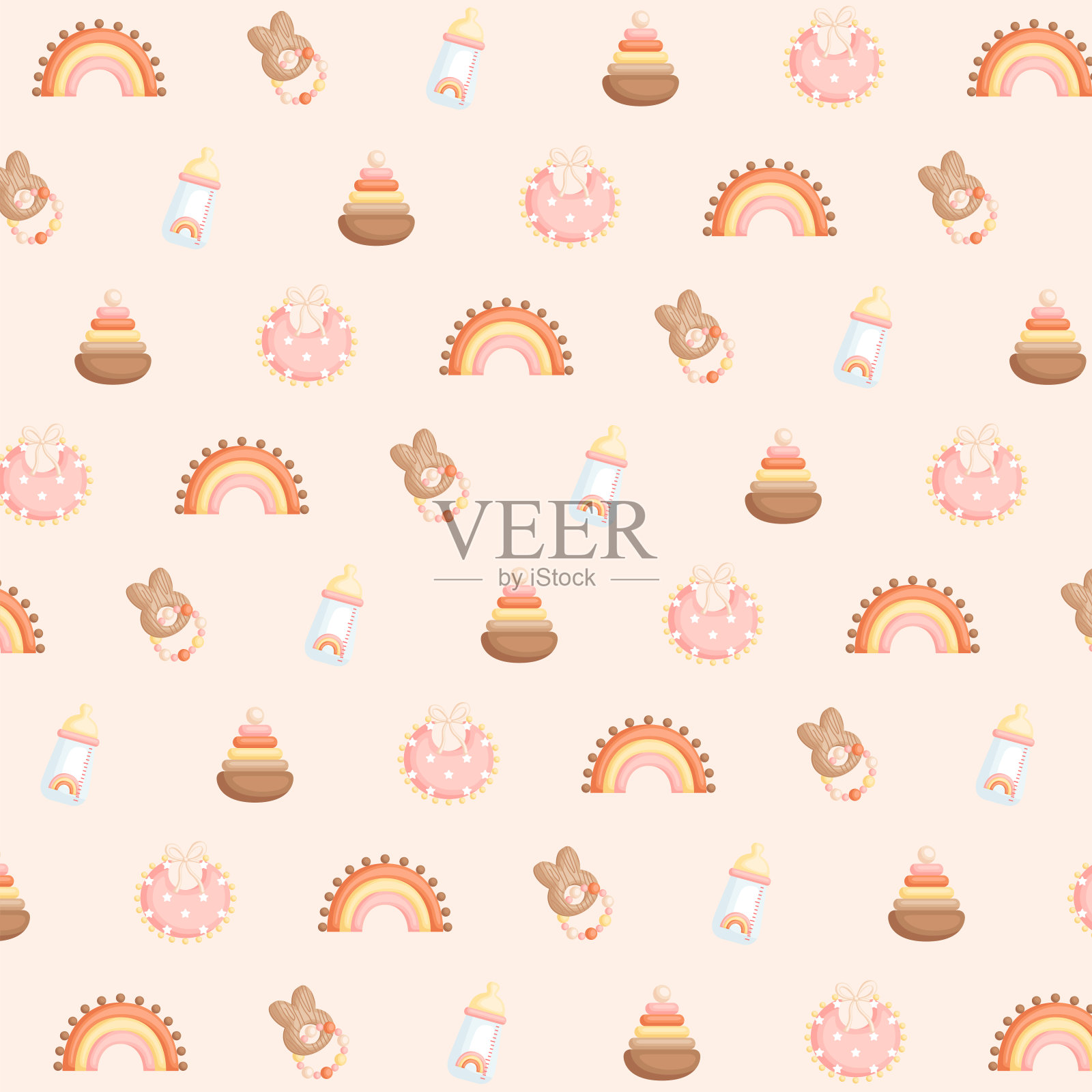 一个可爱的向量女婴经典波西米亚项目和玩具背景插画图片素材