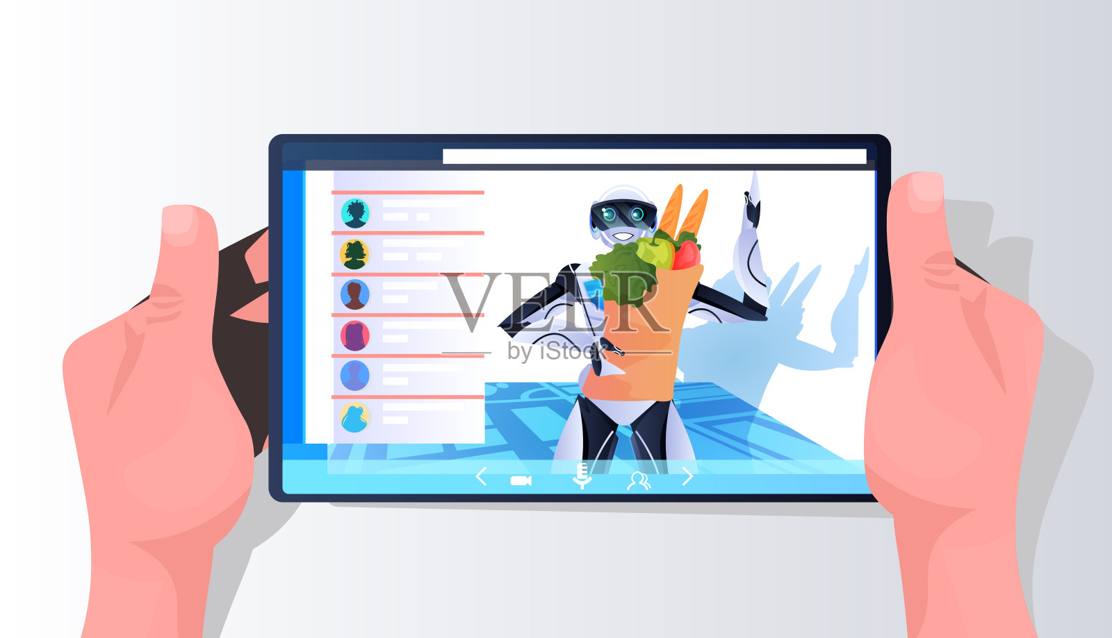 机器人手持购物袋与食品杂货现代机器人字符人工智能概念肖像水平矢量插图插画图片素材