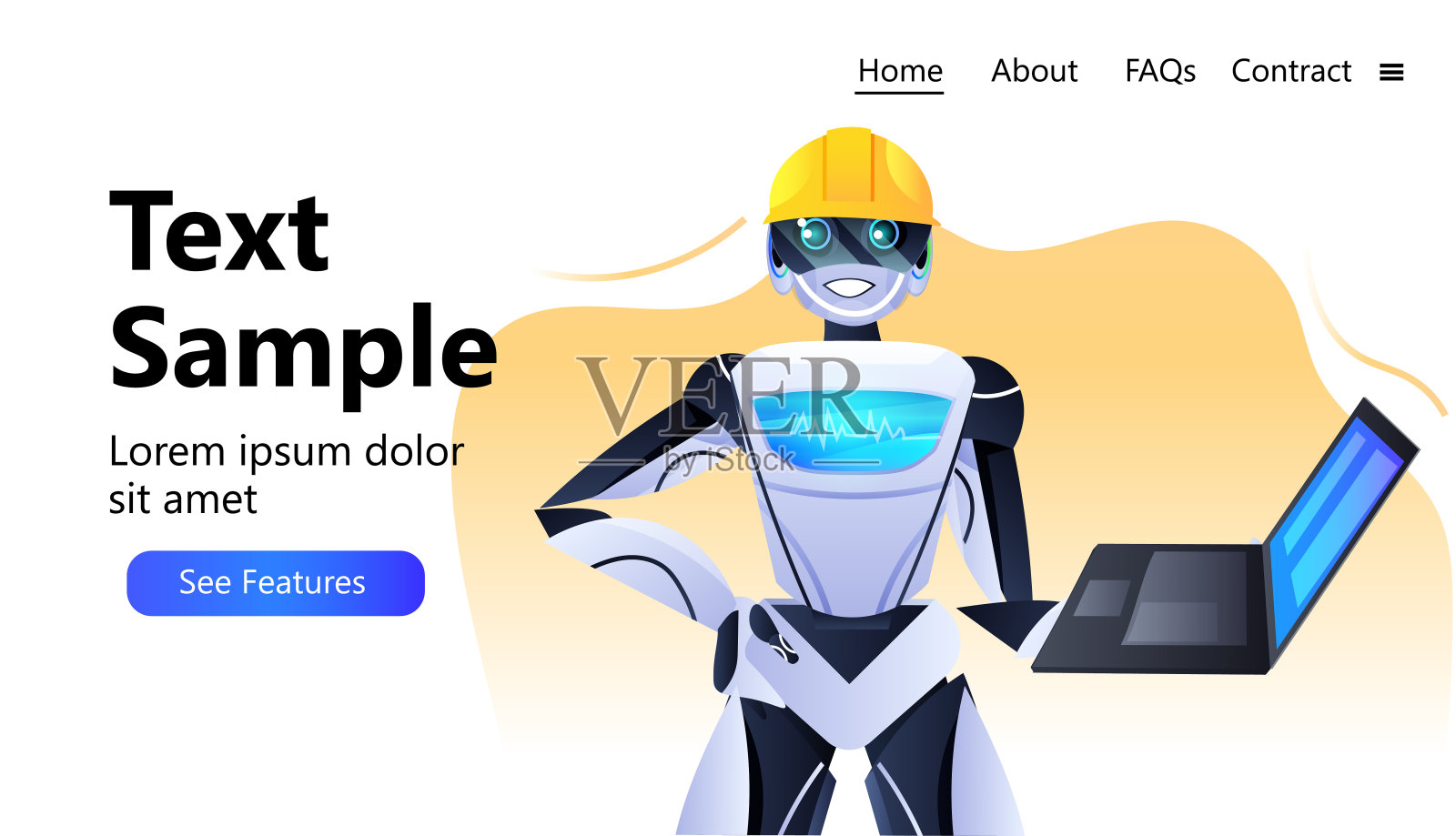 戴头盔的机器人工程师使用笔记本电脑现代机器人特征人工智能概念插画图片素材