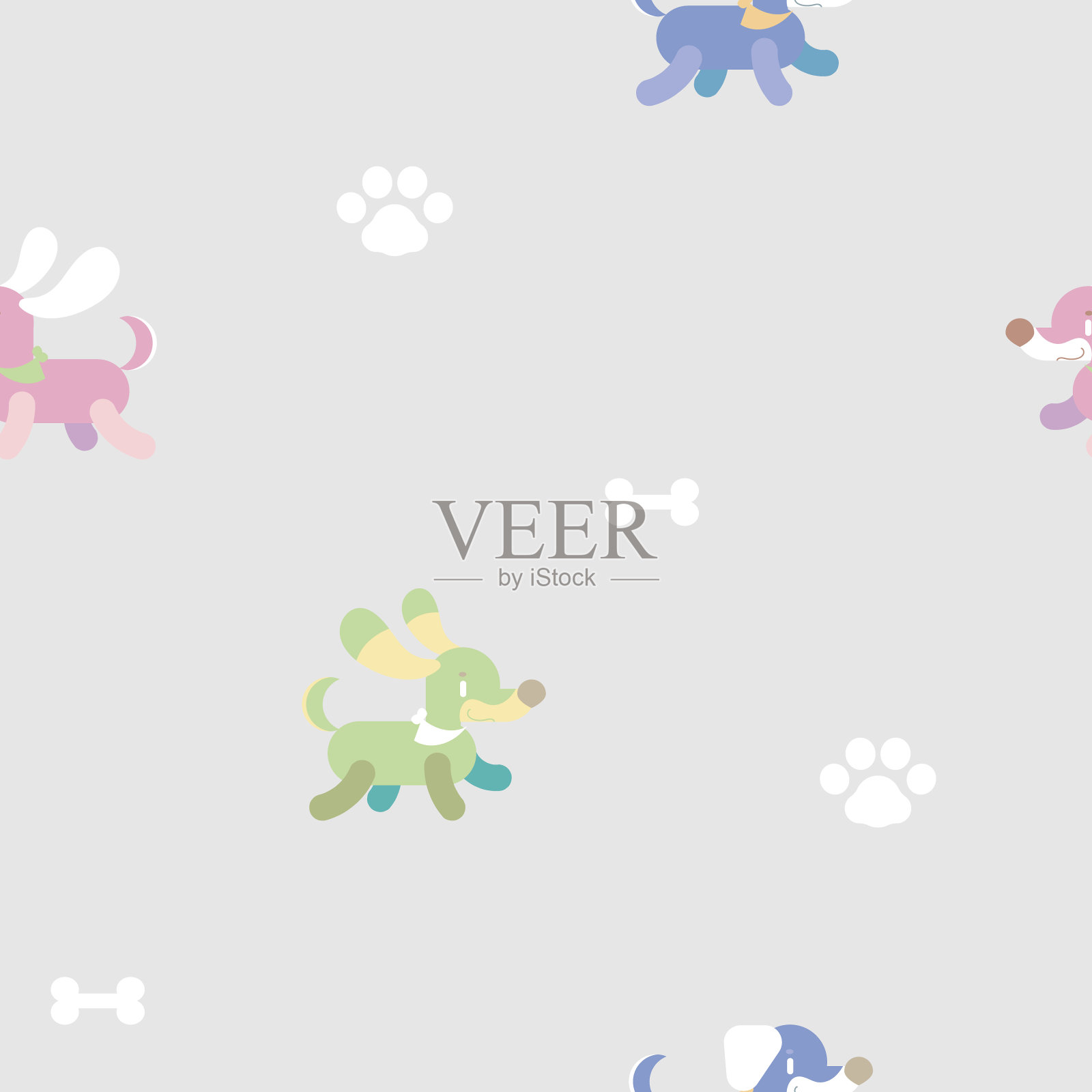 无缝重复模式动物宠物腊肠狗重复模式与爪脚印和骨头，背景插画图片素材