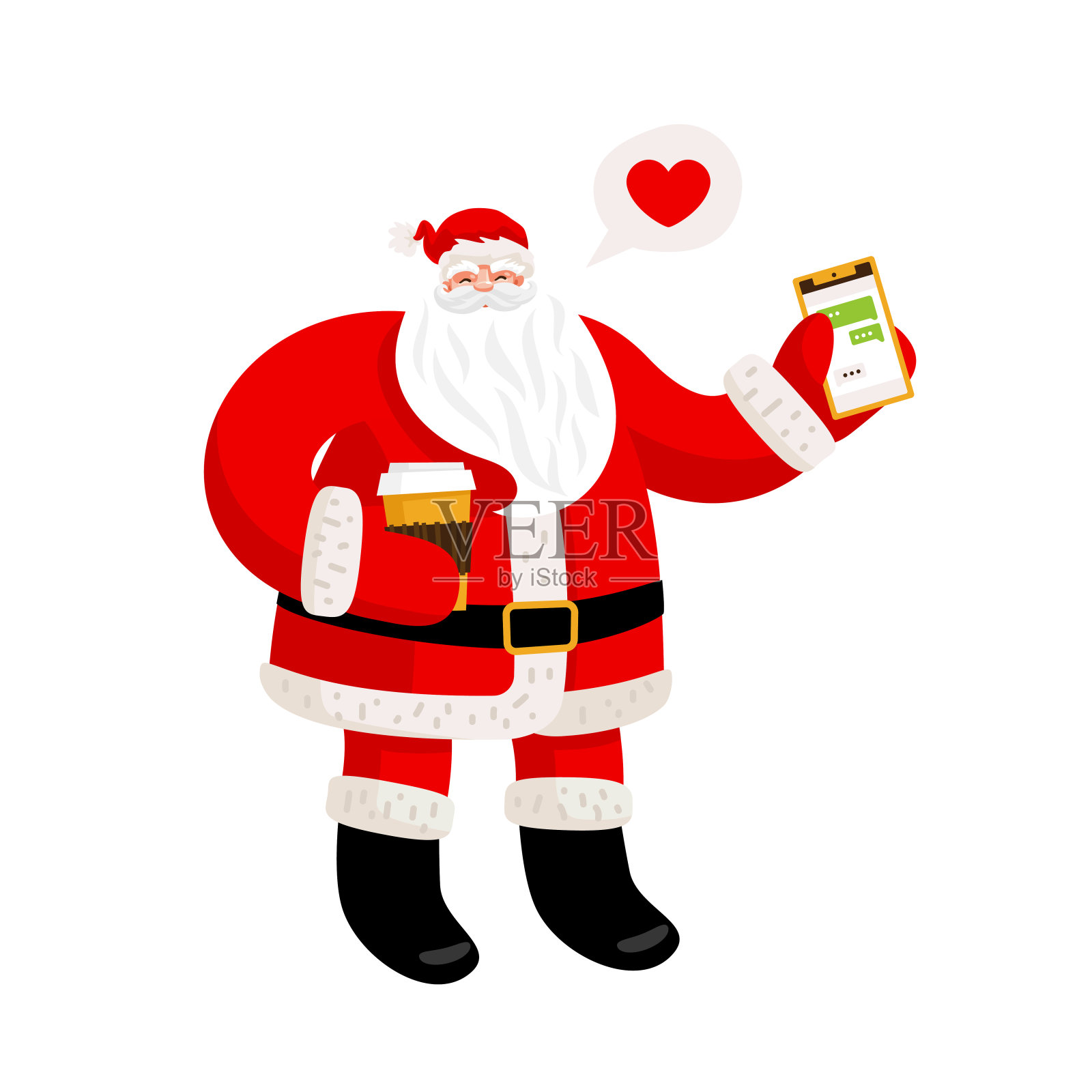 圣诞老人一手拿着手机，一手拿着一杯咖啡。令人惊奇的有趣的人物为新年贺卡，横幅或海报。新年快乐，圣诞快乐。插画图片素材