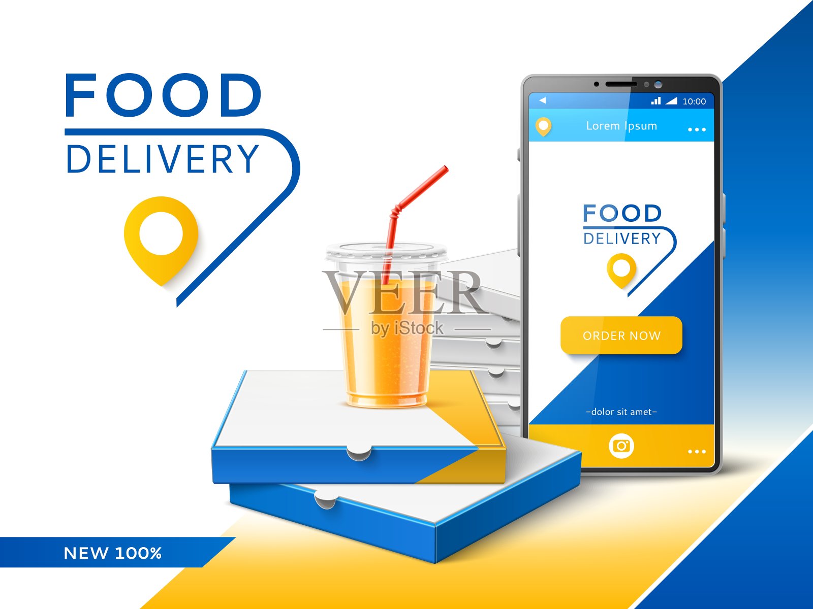 手机外卖app。快餐运输服务广告横幅，在线订购披萨快递，餐厅业务。向量的概念插画图片素材