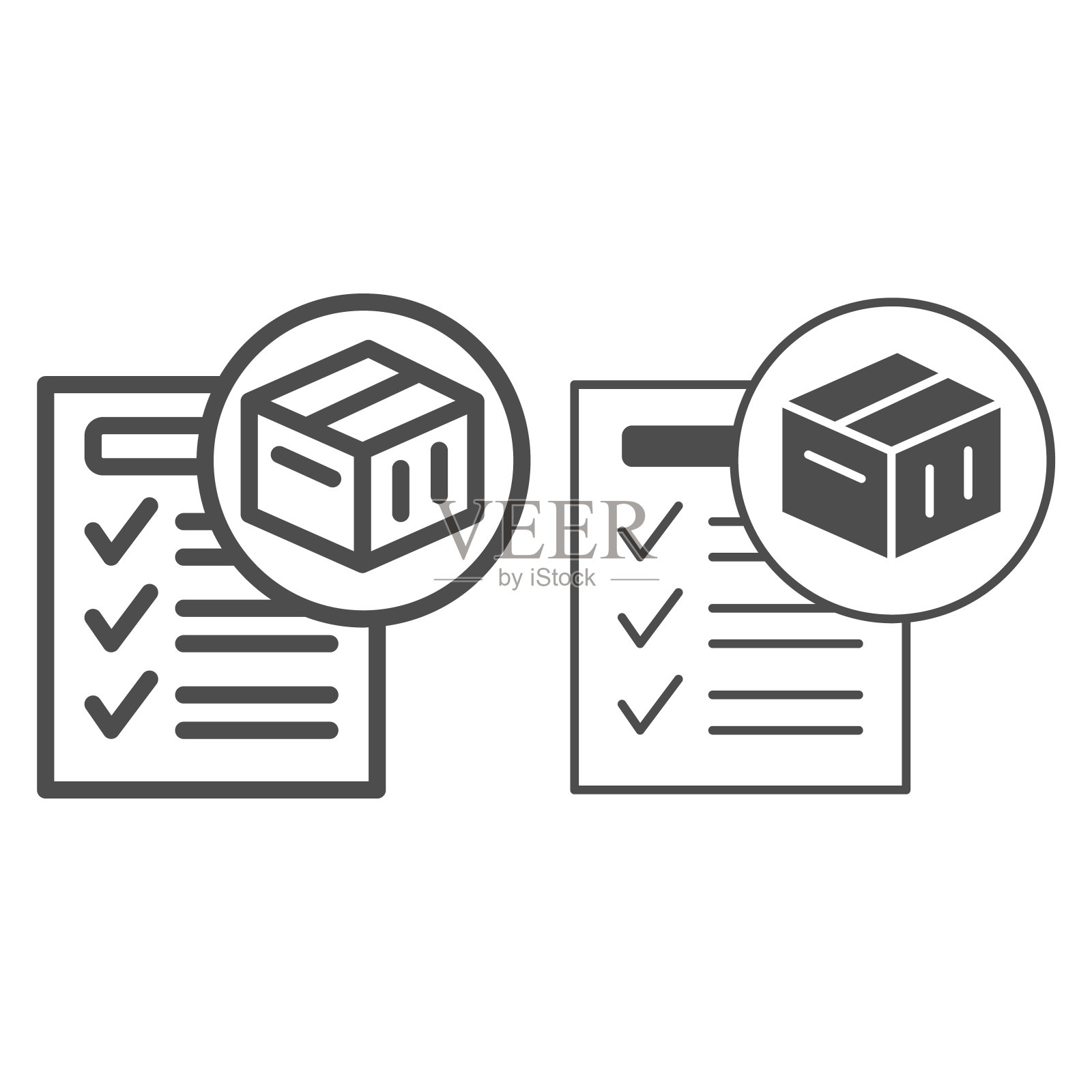 运单，盒子，纸，检查标记，形式线和固体图标，文件概念，发票矢量在白色背景上签名，轮廓风格图标的移动概念和网页设计。矢量图形。插画图片素材