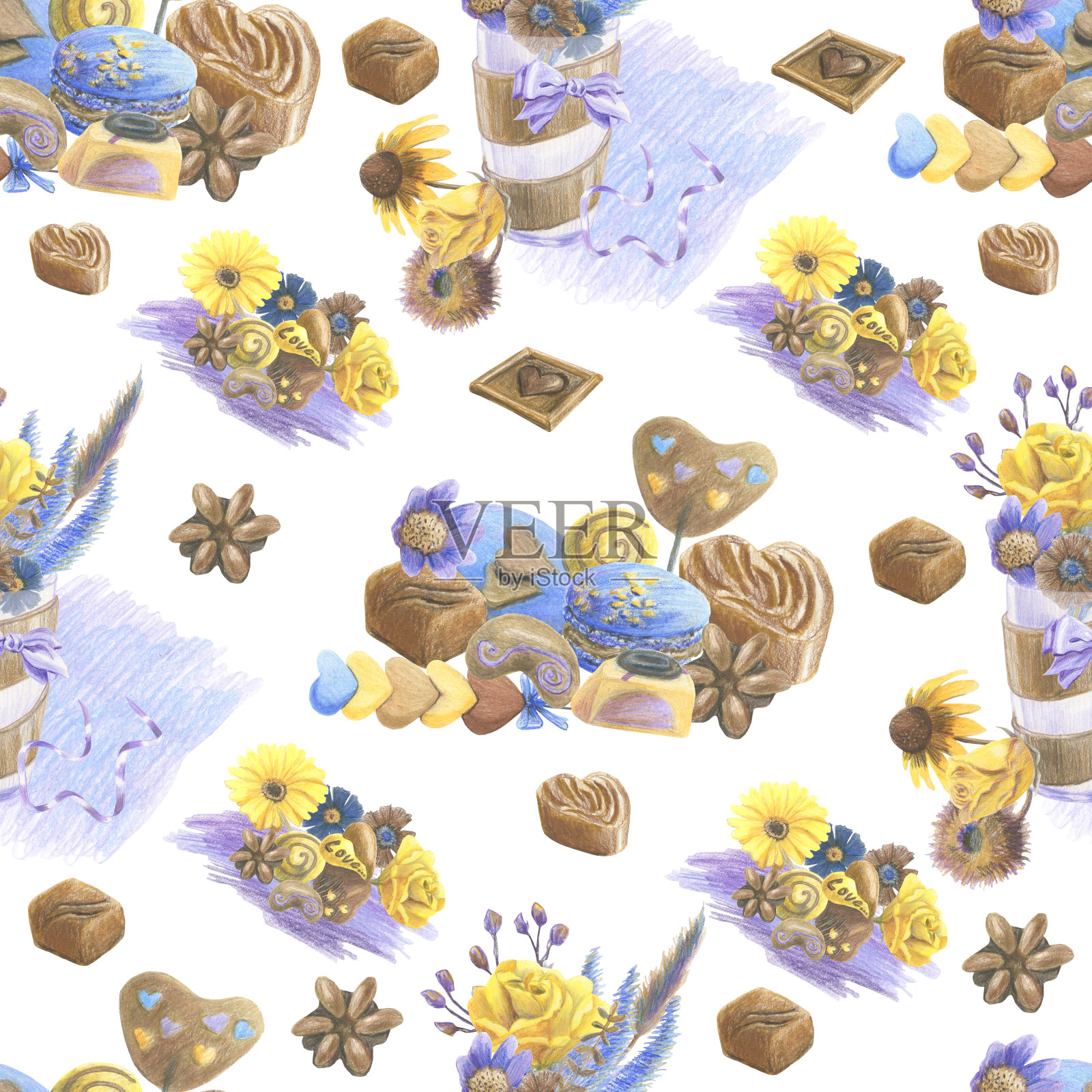 无缝模式与安排混合巧克力，鲜花在花瓶，蝴蝶结和抽象点。用彩色铅笔制作的。手绘。插画图片素材