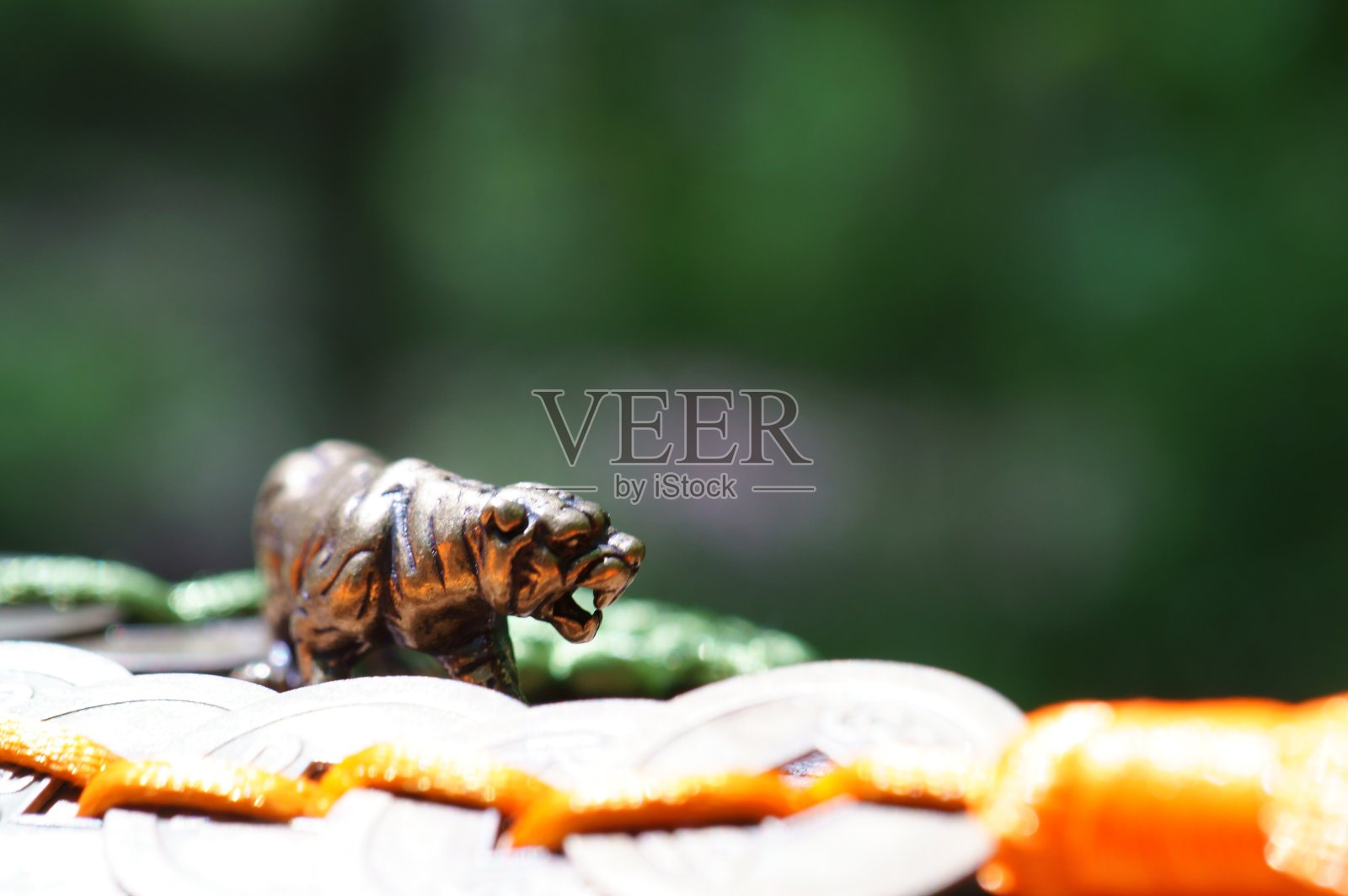 一个金属老虎雕像和一串中国硬币在树枝上。照片摄影图片